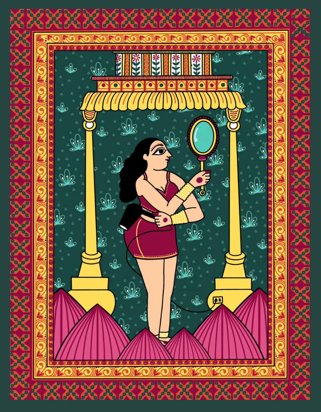 A colourful illustration of a woman holding a hair dryer and a mirror.