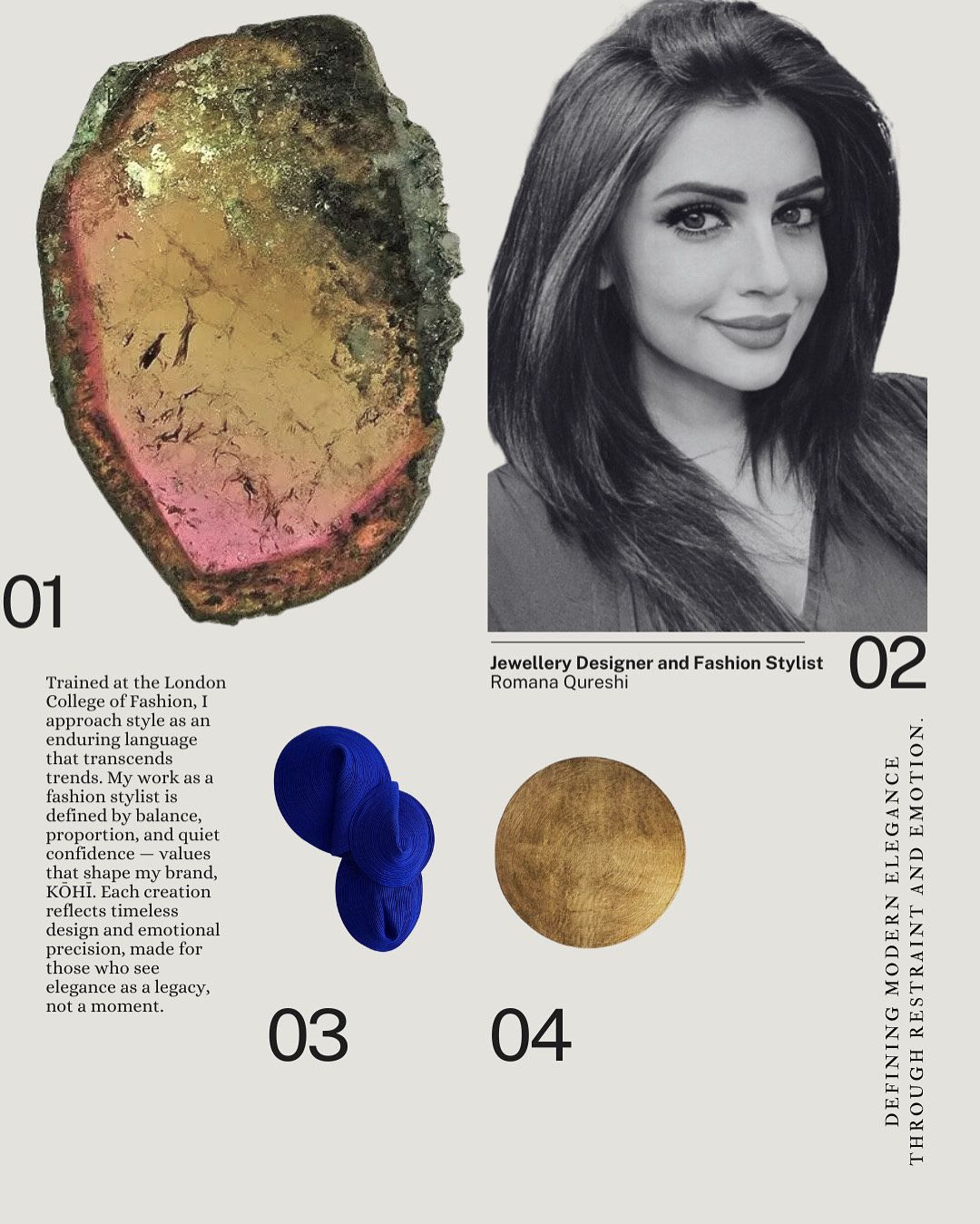 Romana photo portrait in black and white on a newspaper page, together with her jewelry brand