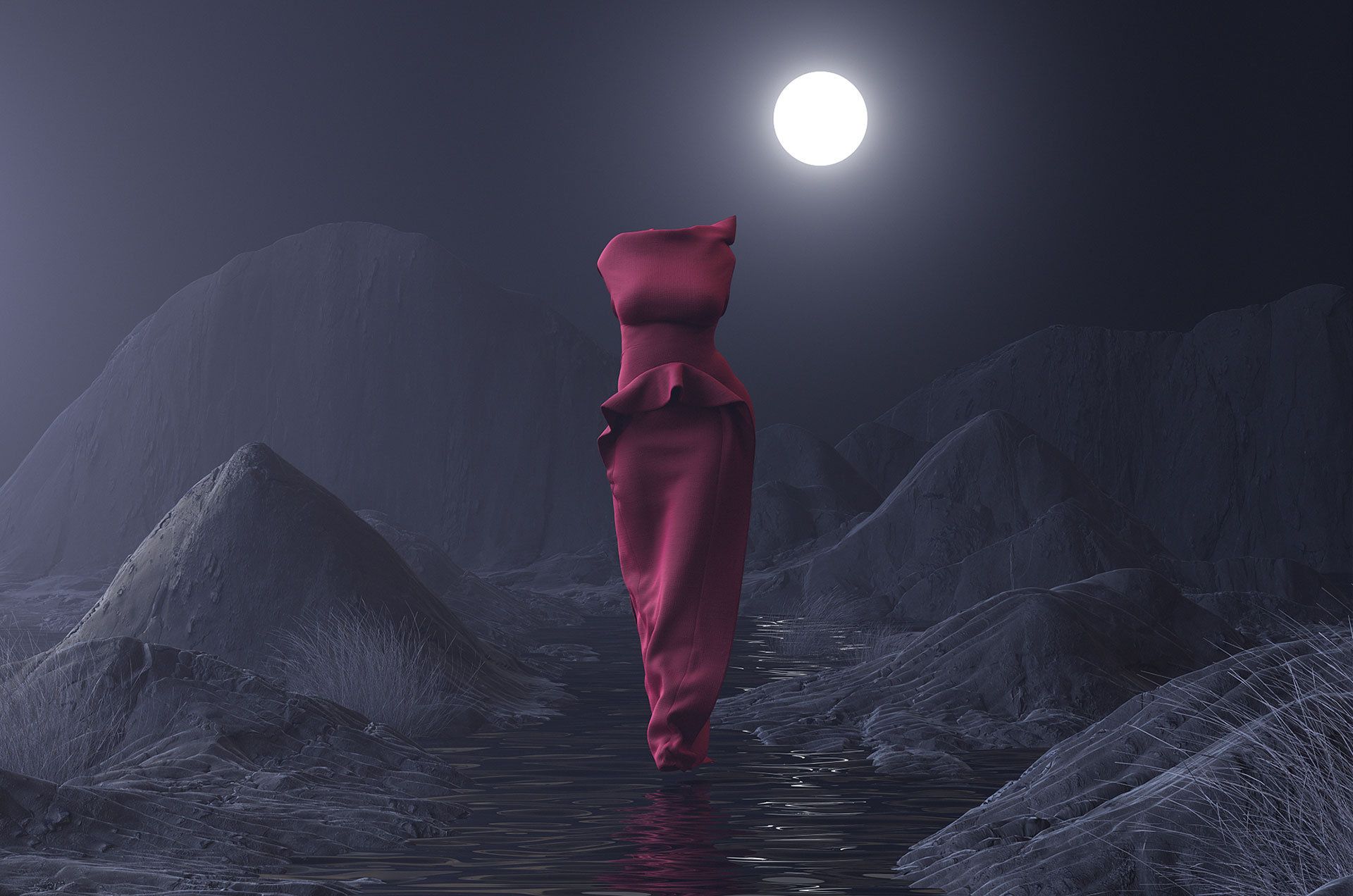 3D graphic of fashion garments walking as if worn by models through a barren futuristic landscape