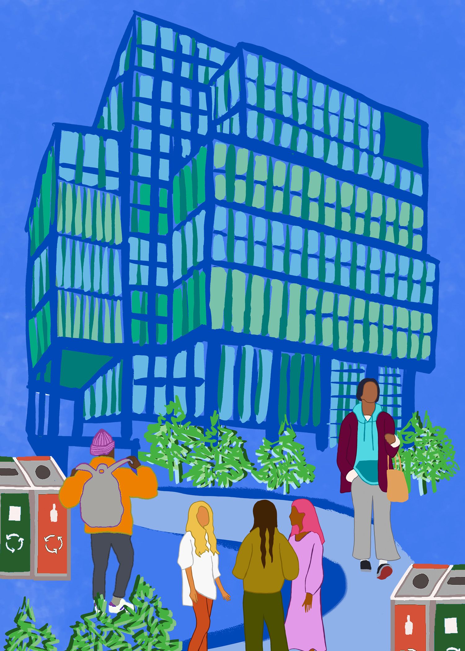 A community of students gather on campus at the new LCF building in Stratford, some cycling, walking and chatting. 