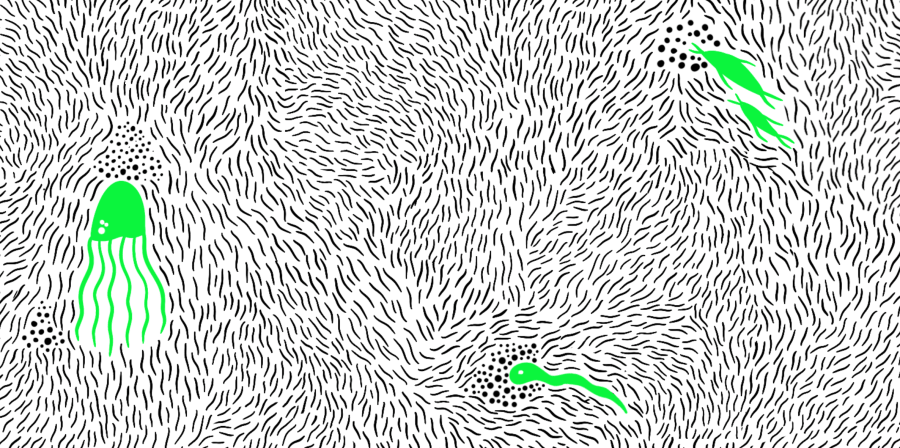 An illustration of jellyfish and microbe lifeforms on a black and while background.