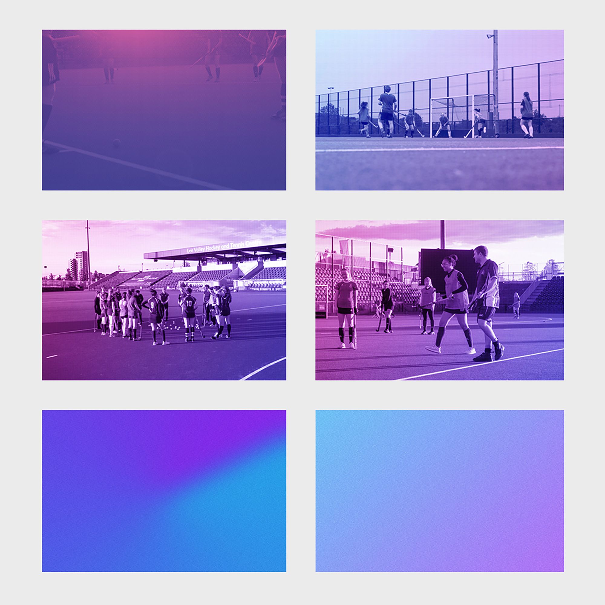 Image shows 6 photographs of players on the hockey field, each photo has been experimented with different colours and texture – mainly blue and purple colours.