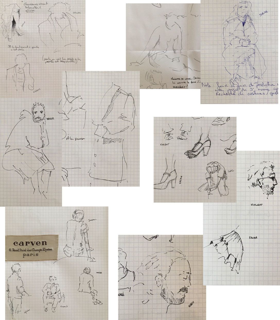 collage of rough sketches detailing the costume designs for 2 characters – 1 is a male and 1 is a female.