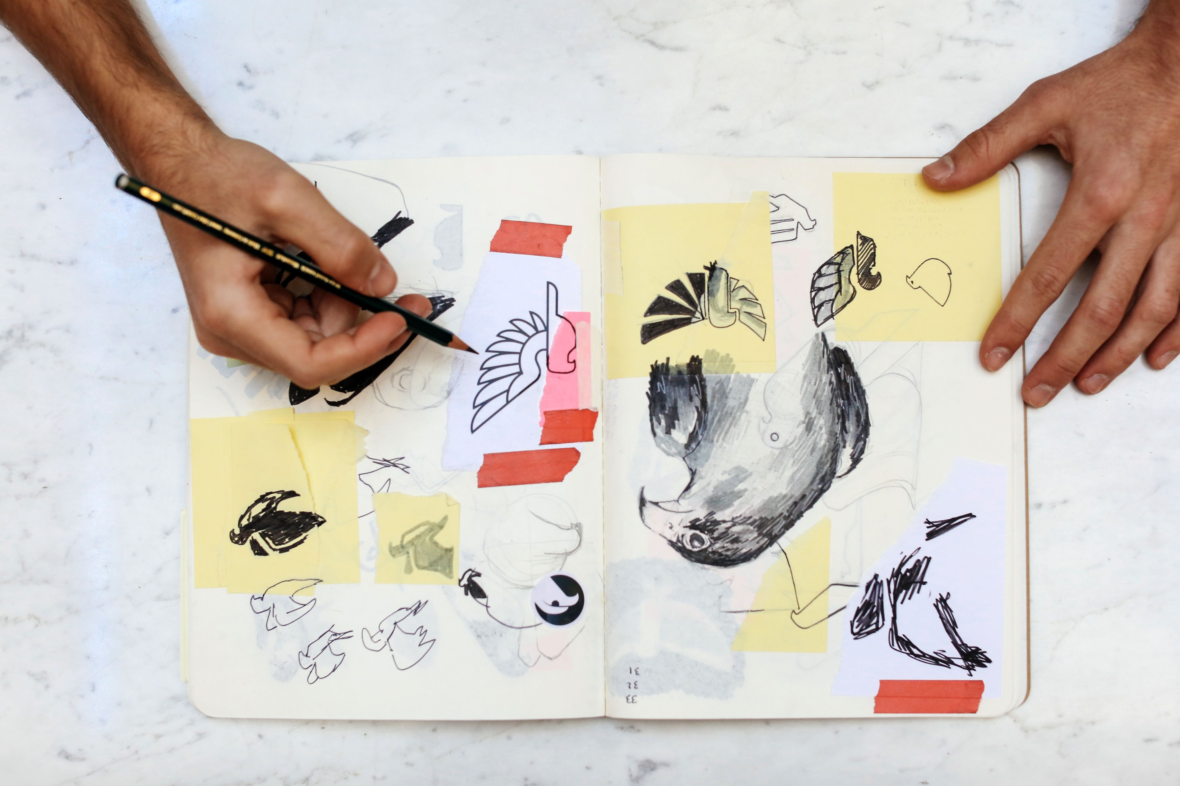 Hands working over a sketchbook full of drawings of birds, with layers of yellow shapes underneath. 