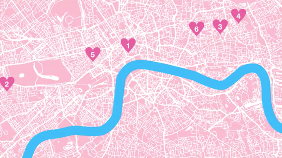 Map of london with pins on LCF campuses