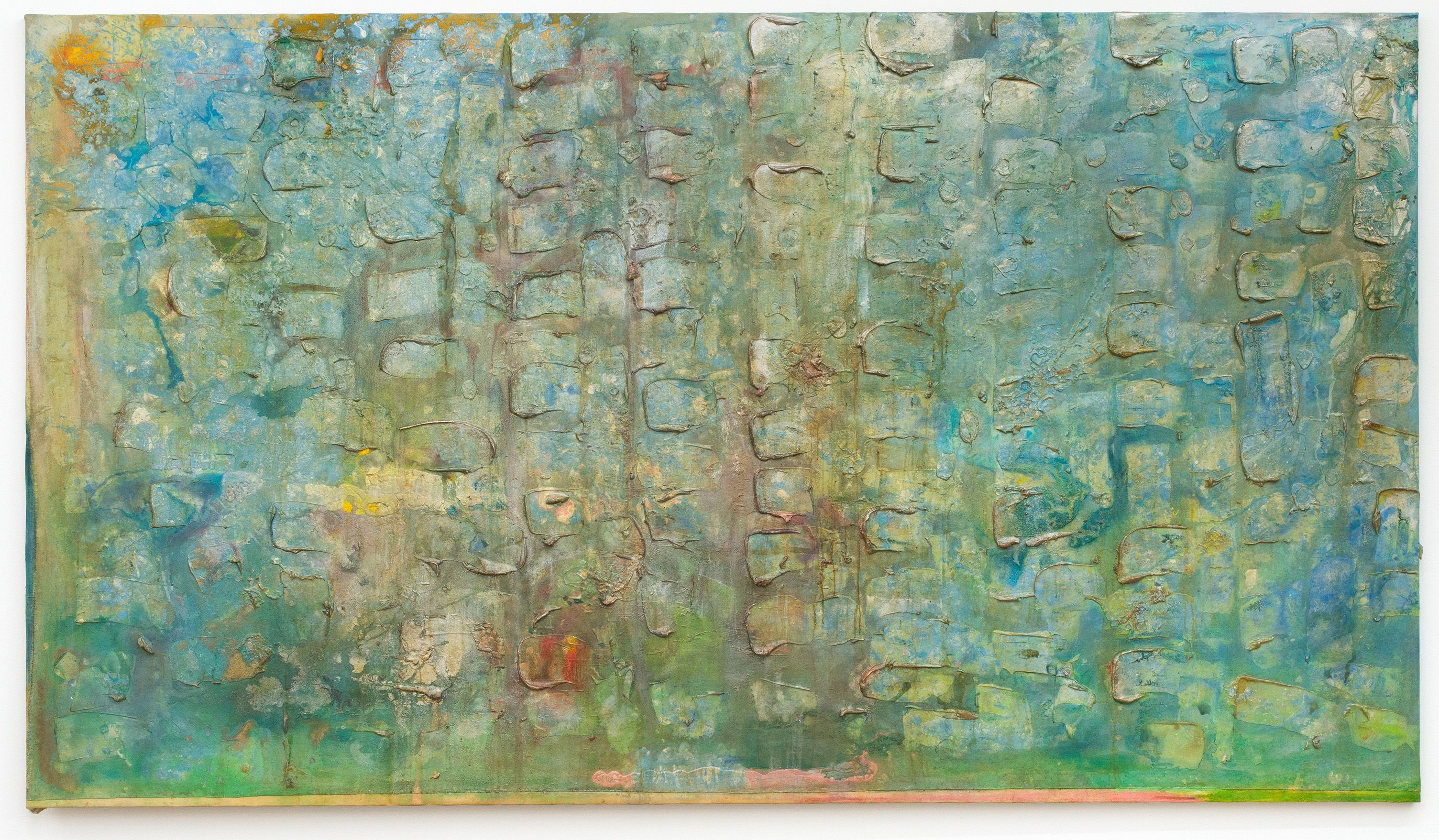 Acrylic paint in blues, greens and yellows blended together like water. Small squares in lines overlay the paint. 