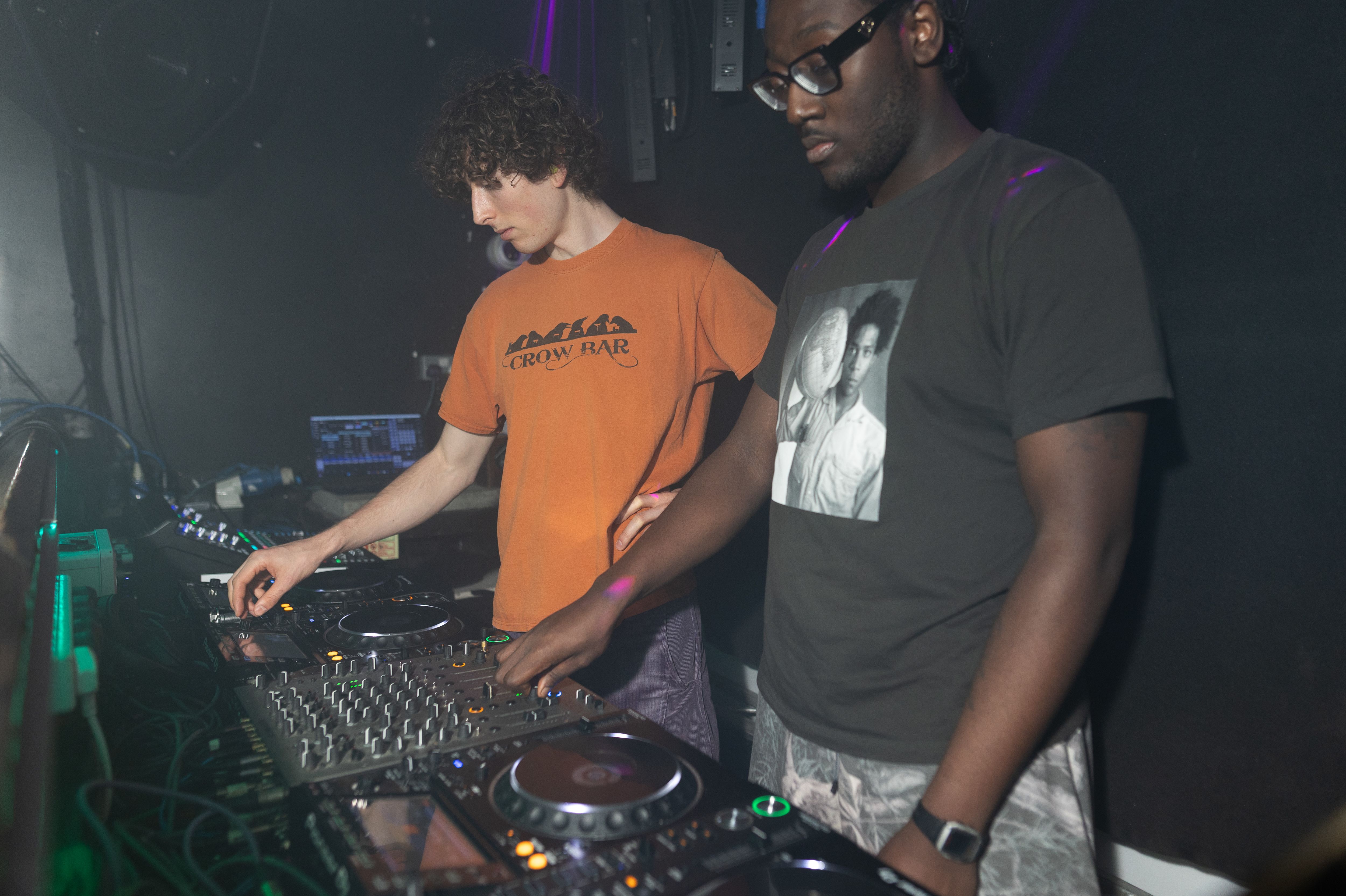 Two students at a mixing desk, part of a gig at Corsica Studios, April 2025