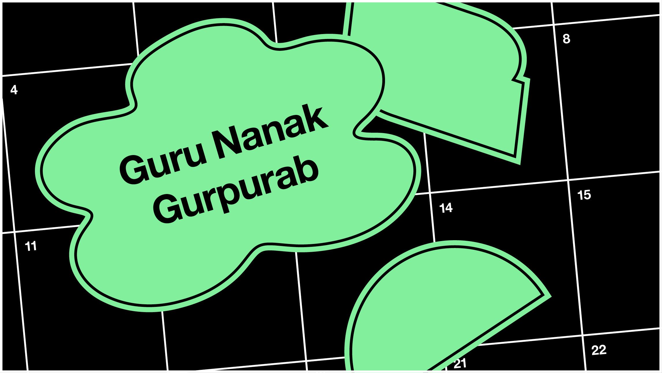 A calendar with a bubble shape over 5 November that reads 'Guru Nanak Gurpurab'