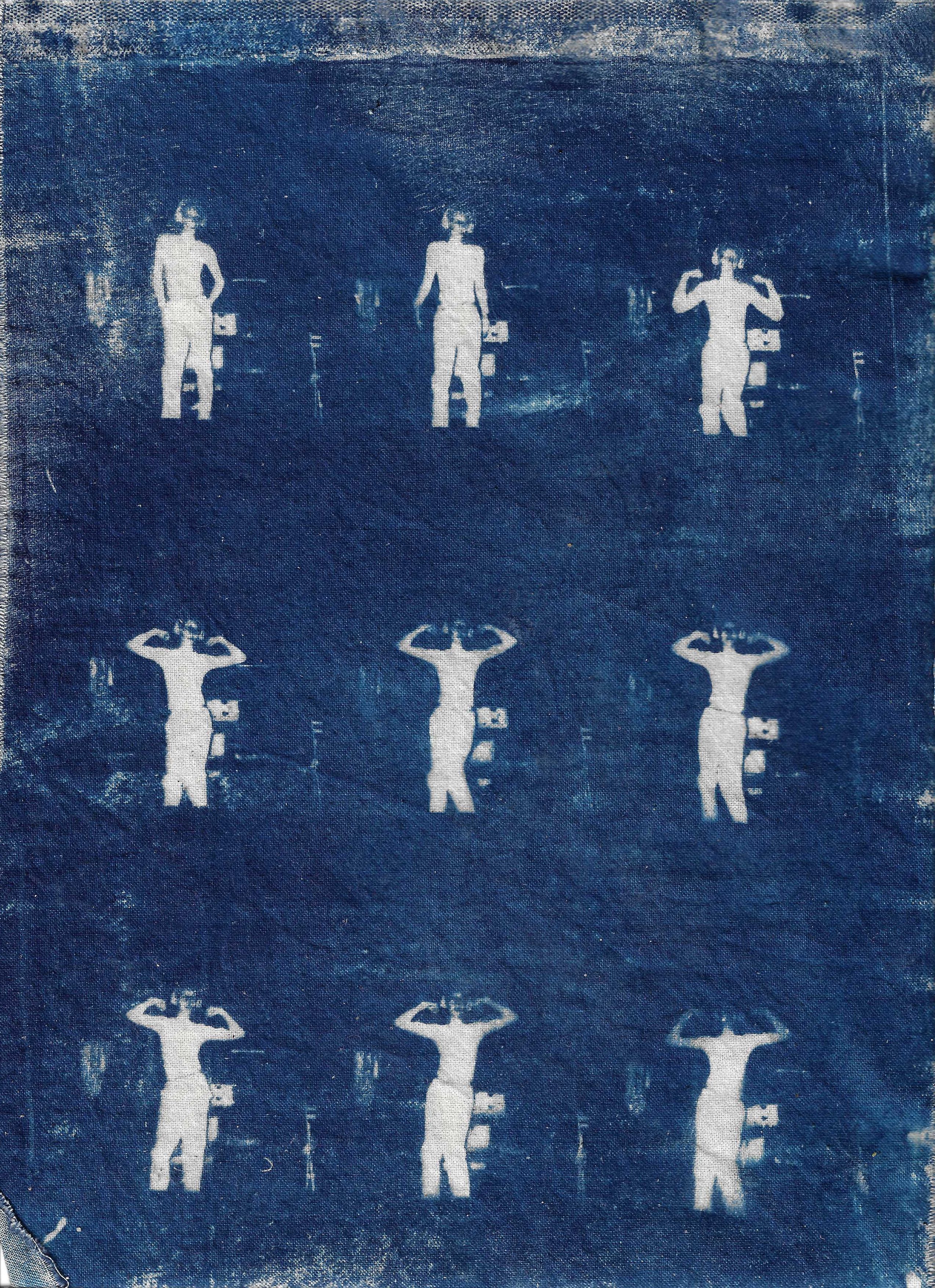 blue canvas representing a repetition of a woman body dancing