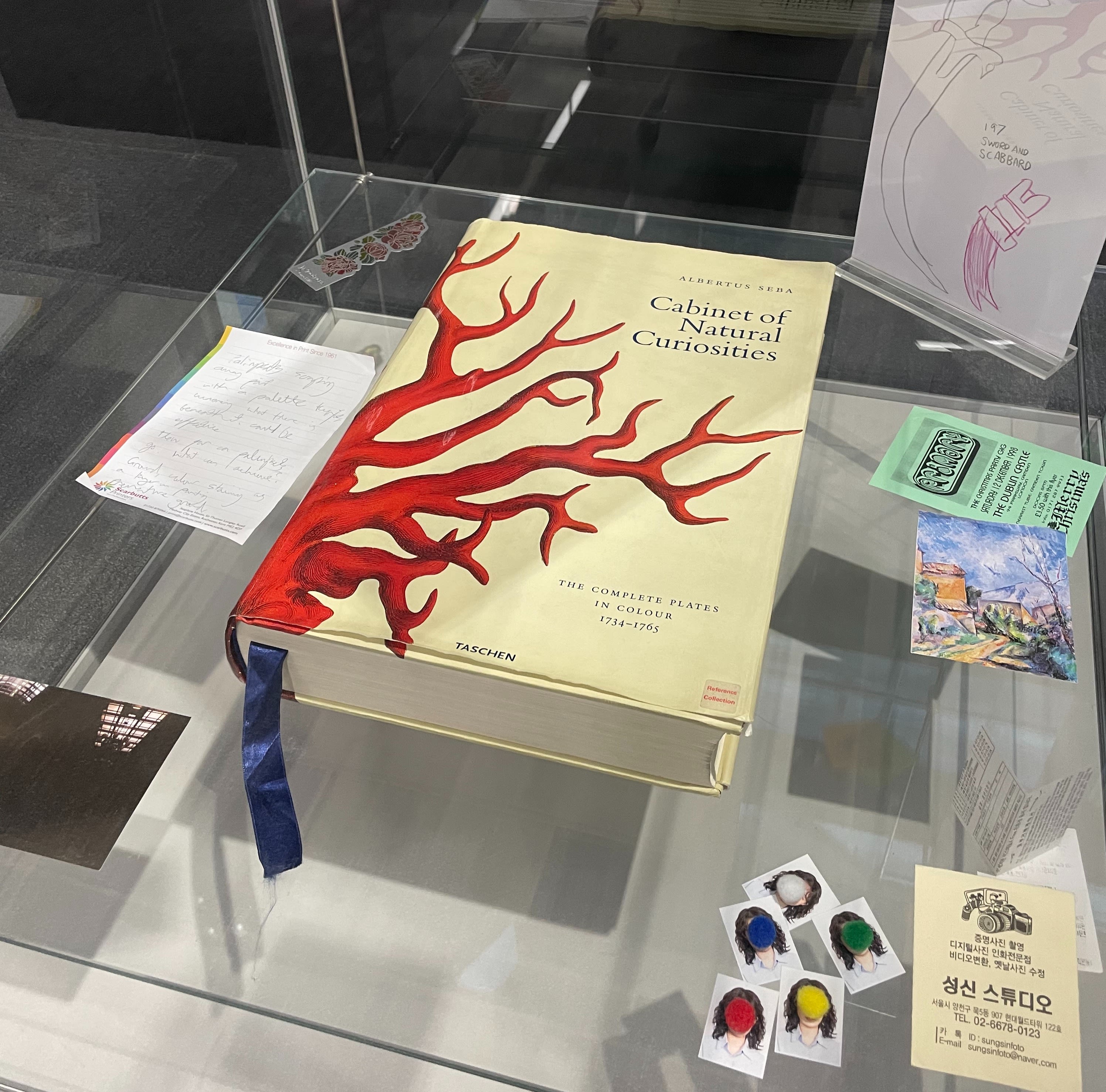 Glass cabinet displaying the book 'Cabinet of Natural Curiosities' 