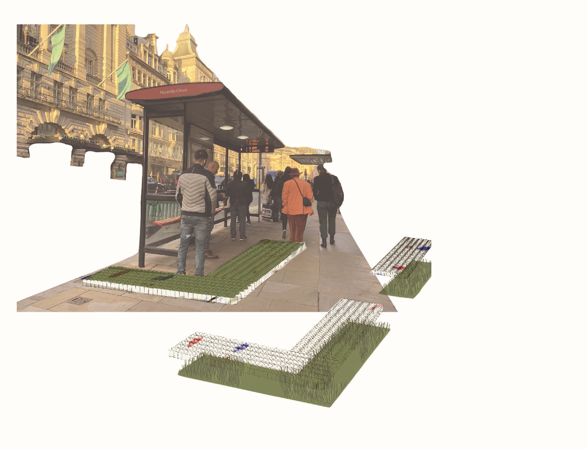 A CGI rendierng of people at a bus stop with green paving designs imposed under their feet.