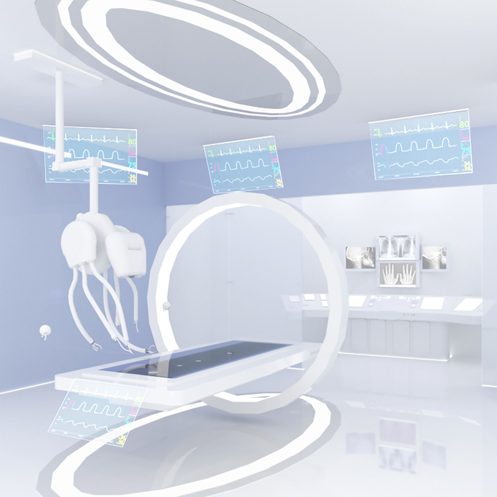 Image shows a design of futuristic surgery room. Centre is an operating table, overlooked by a robot which would perform the surgery. In the room there are a number of screens with patient detail such as blood pressure and heart rate.