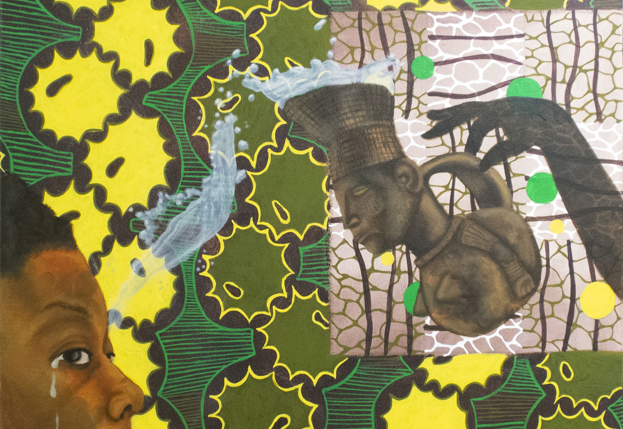 The background is an African wax fabric print in yellow, green, brown and white. To the right is a Mangbetu water vessel with a silhouetted hand pouring water onto the face of a black woman, the splashes merge into their tears.
