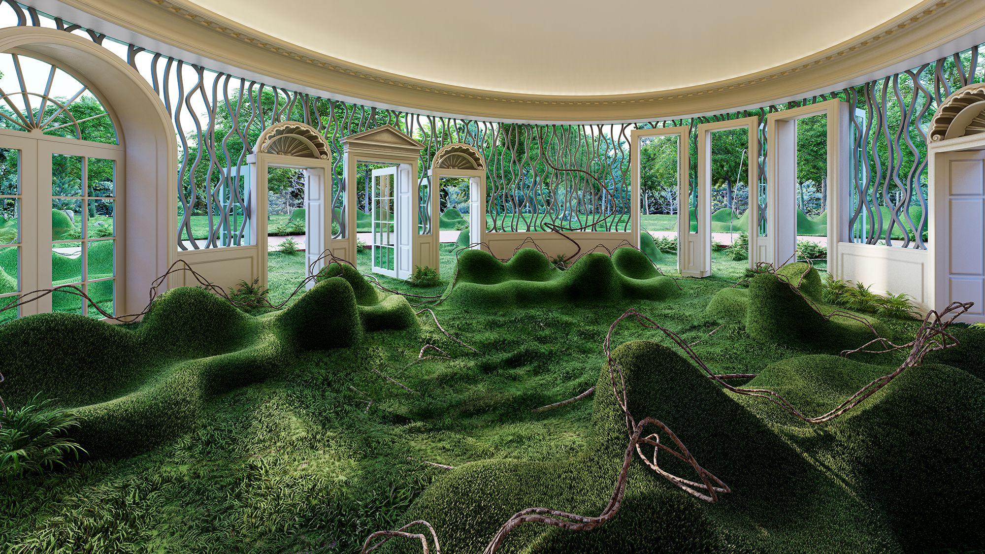 Image is a digital design of the Oval Office. There is a white ceiling, 8 doors all open and the walls are designed using thin metal piping manipulated into shapes, there are large gaps between each piping, where a view of the gardens outside are in view. The carpet is grass, and twigs and trees are growing from the outside in. The furniture is also grass and blends into the carpet. 