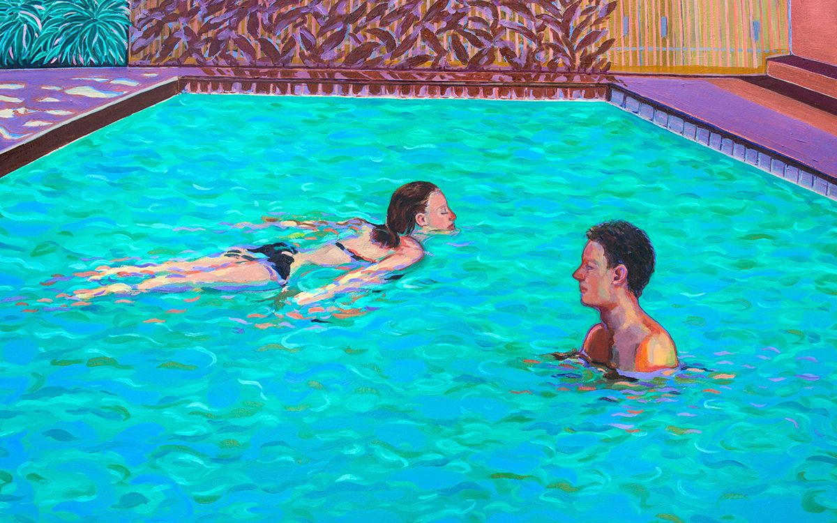 Vivid oil painting of 2 people swimming in a pool 