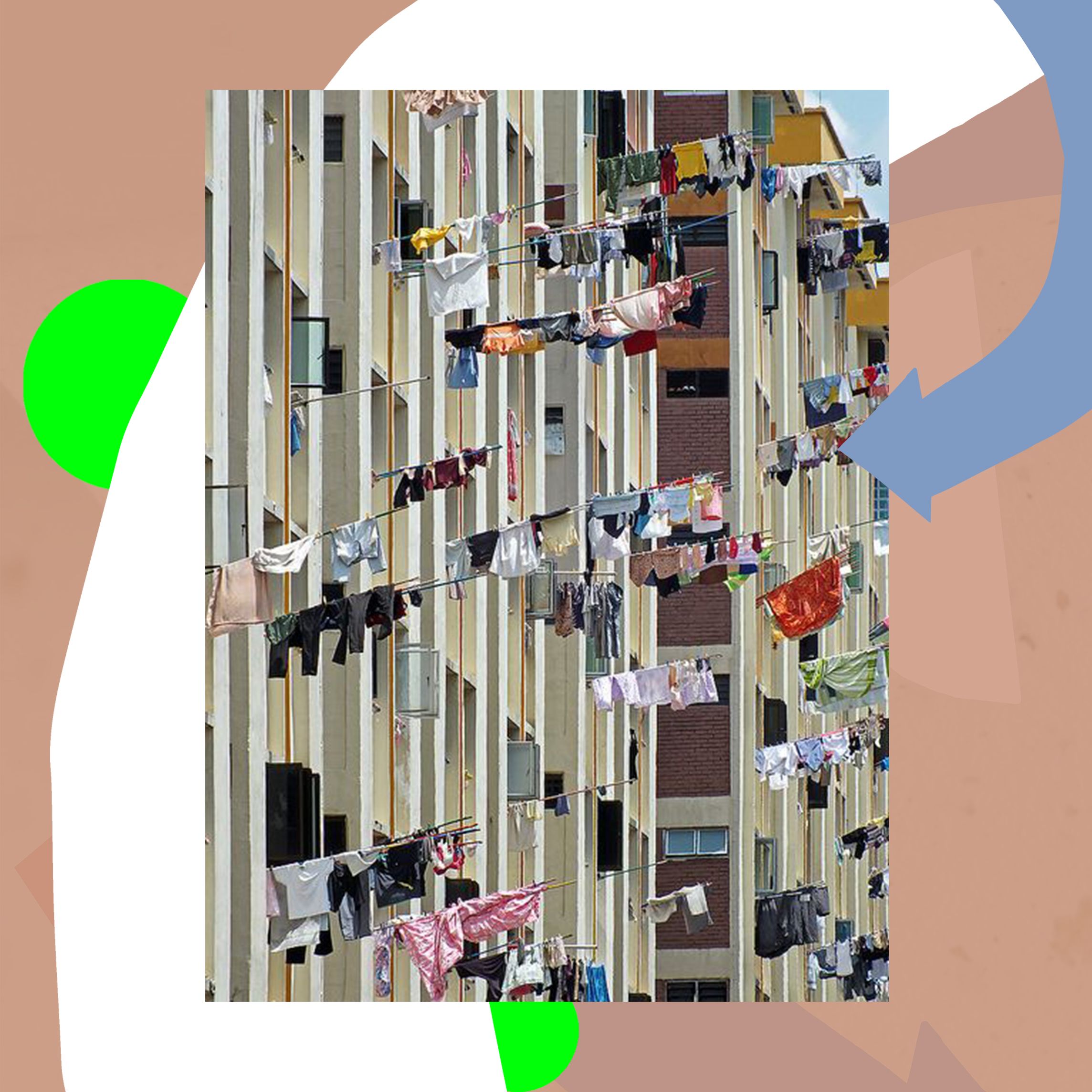 Lines of clothing hanging from apartment block windows on a graphic background