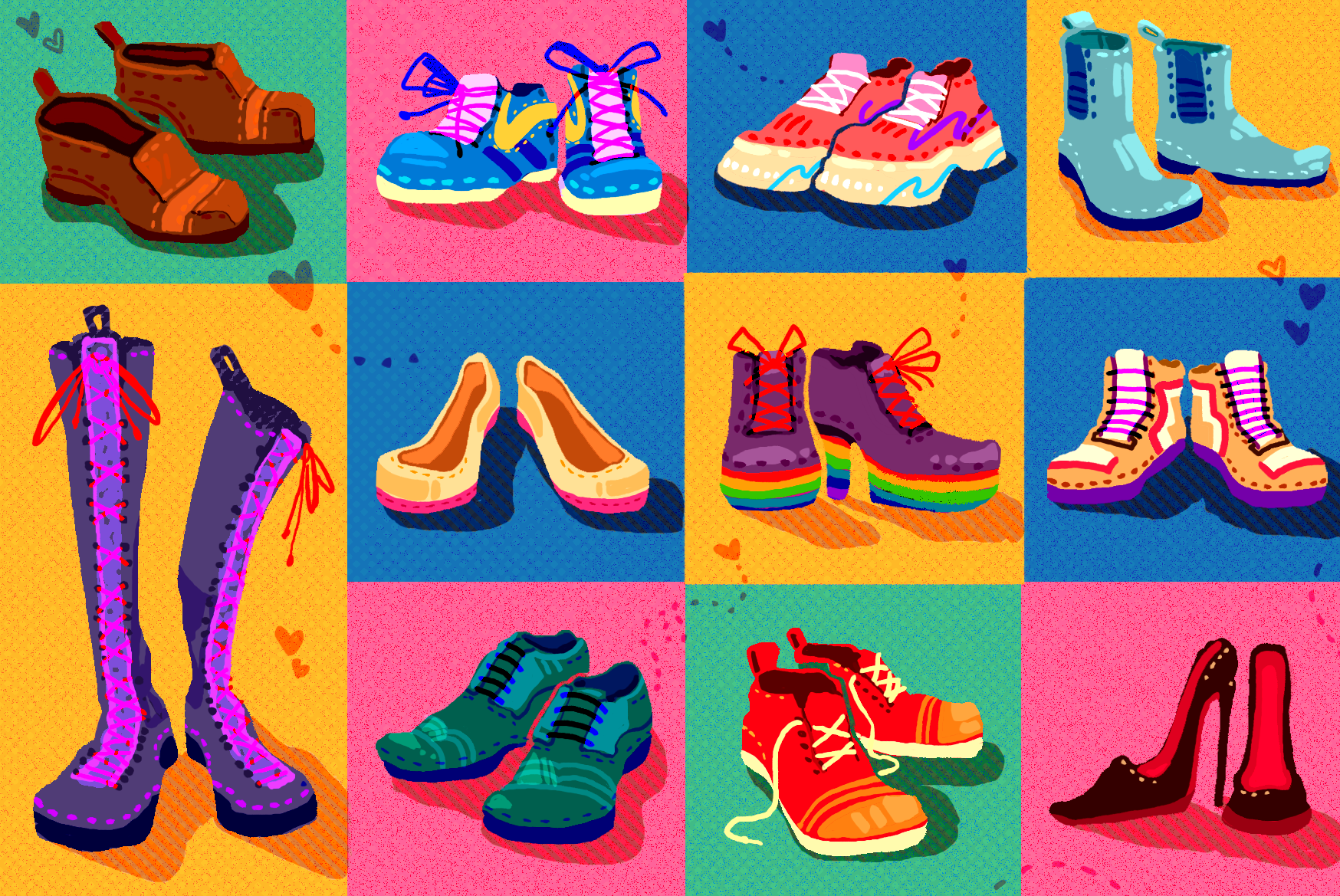 Illustration with different shoes, trainers and boots