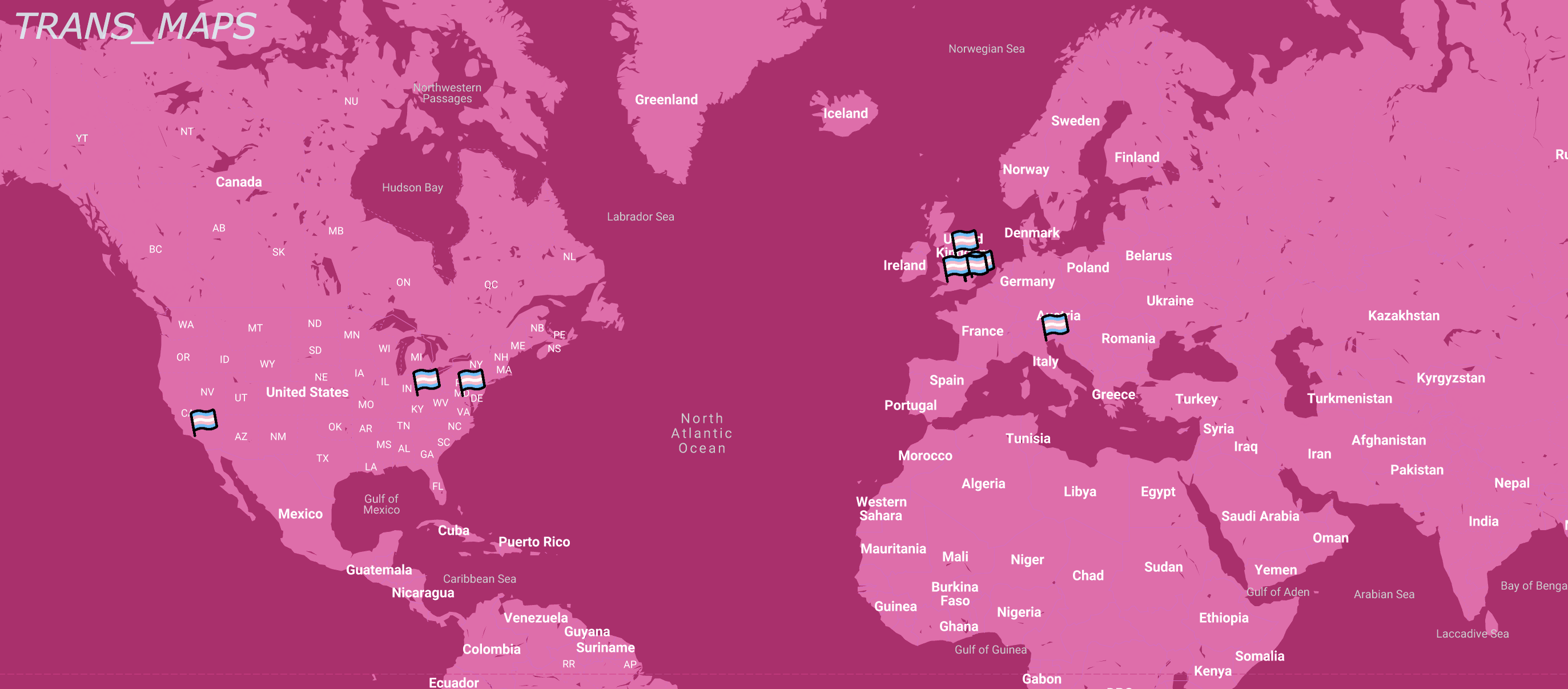 A pink map of the world with Trans flags planted in different areas. In the top left of the image it says 'TRANS MAPS'