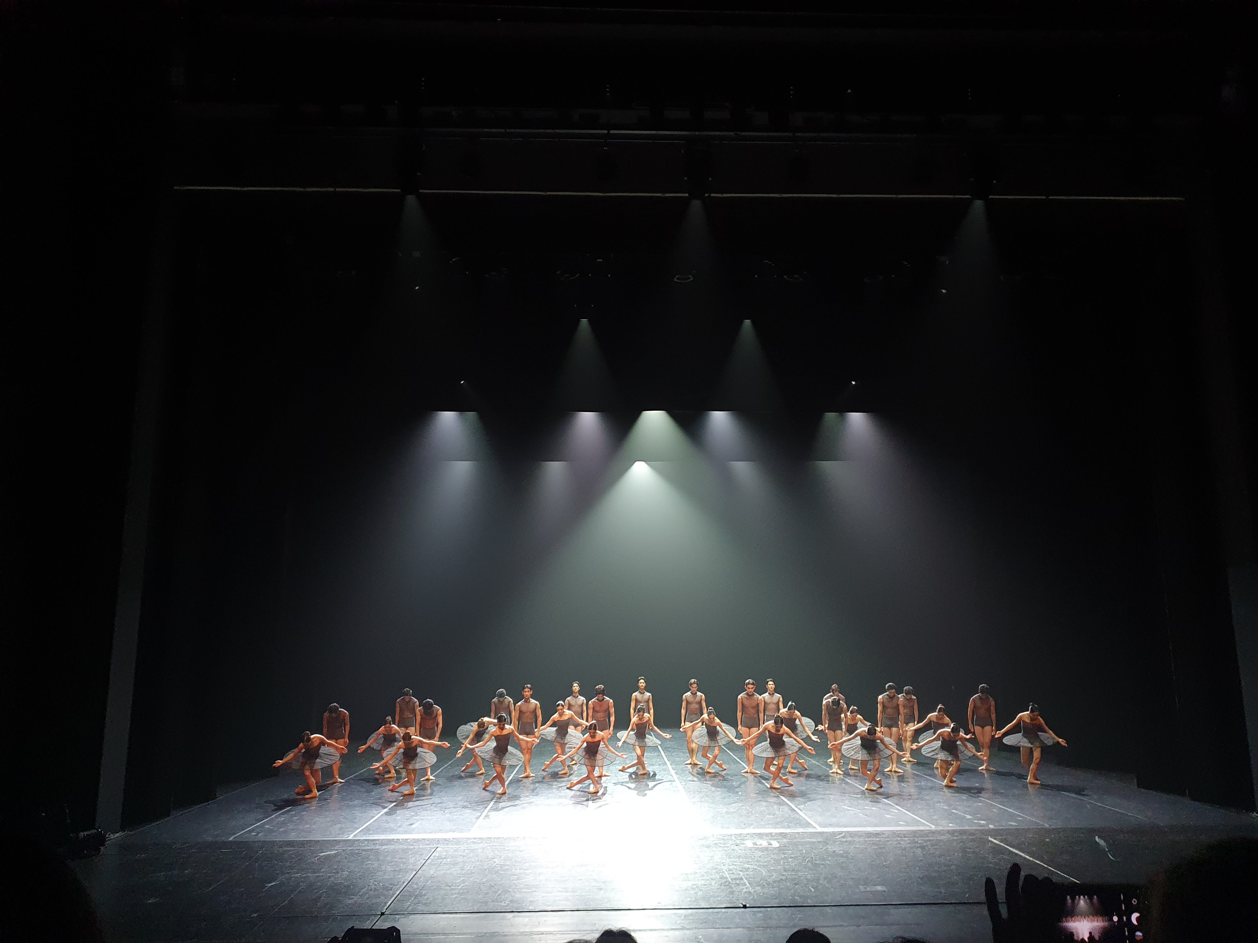 Image shows a black stage with white lighting illuminating dancers wearing tutus.
