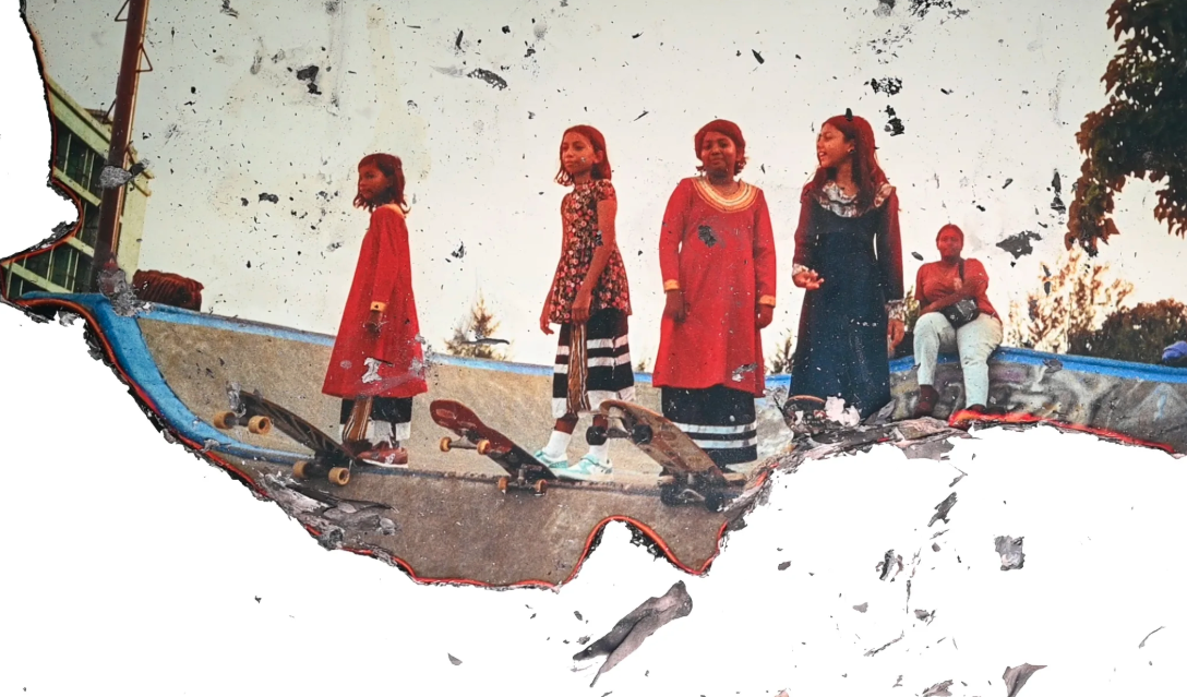 Four figures in red and blue clothing in collage style 