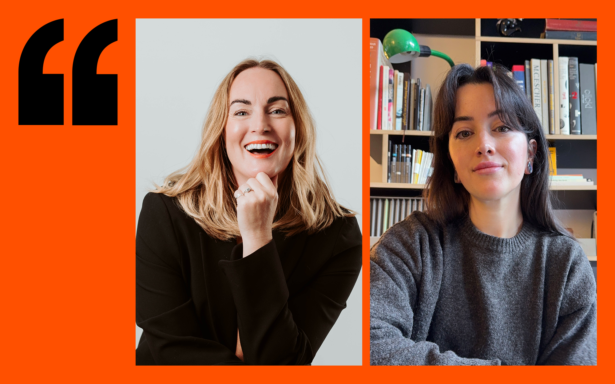 Student story template with orange background, 1 black speech mark in top left corner and image of each student side by side.