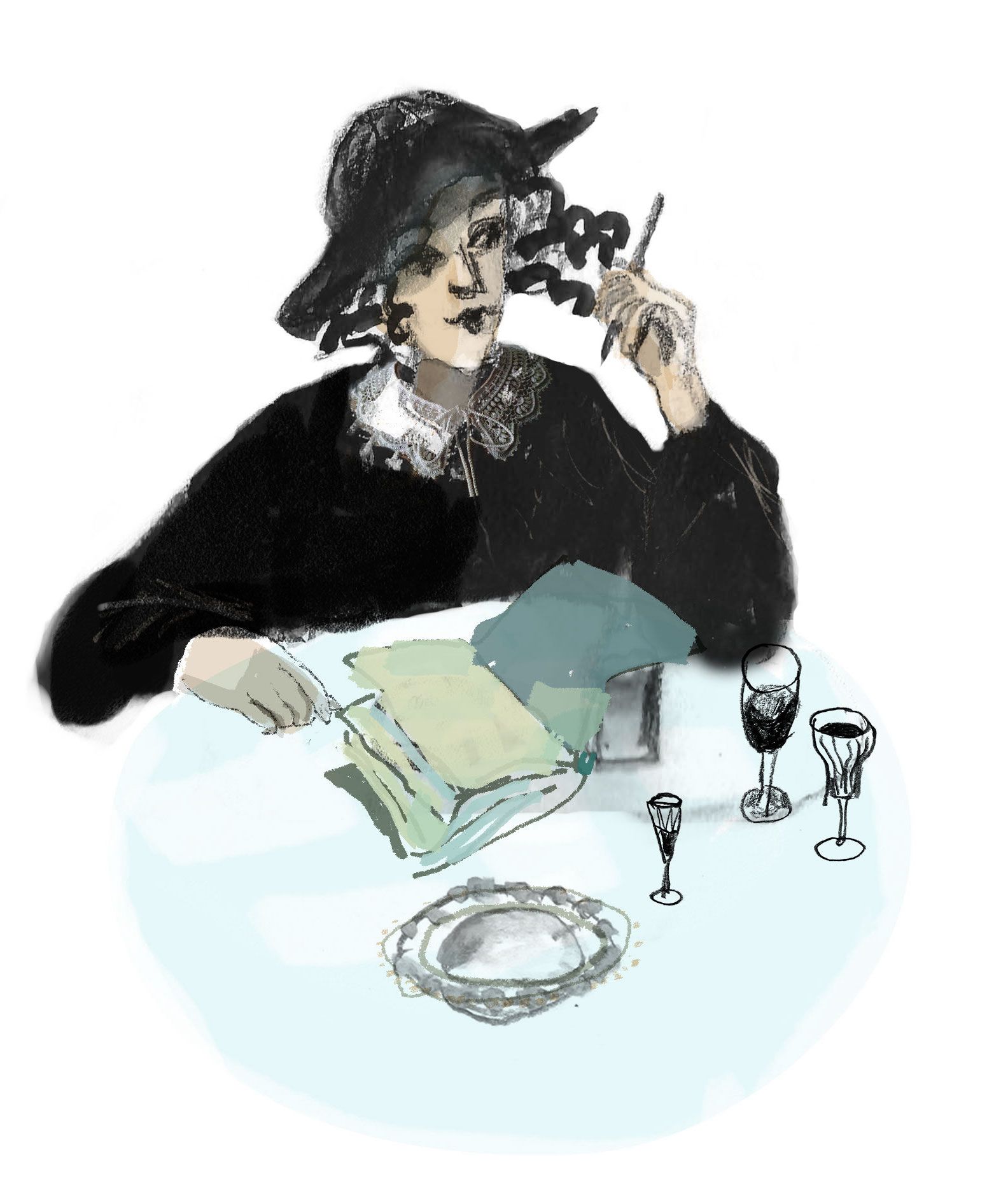 Drawing of a woman having dinner in a restaurant