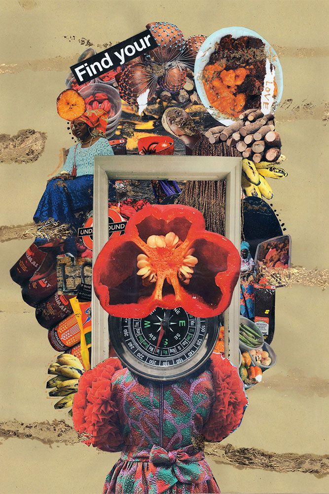 Colourful collage imagery featuring cut out images of people, fruit and veg, a compass, a frame and fabric