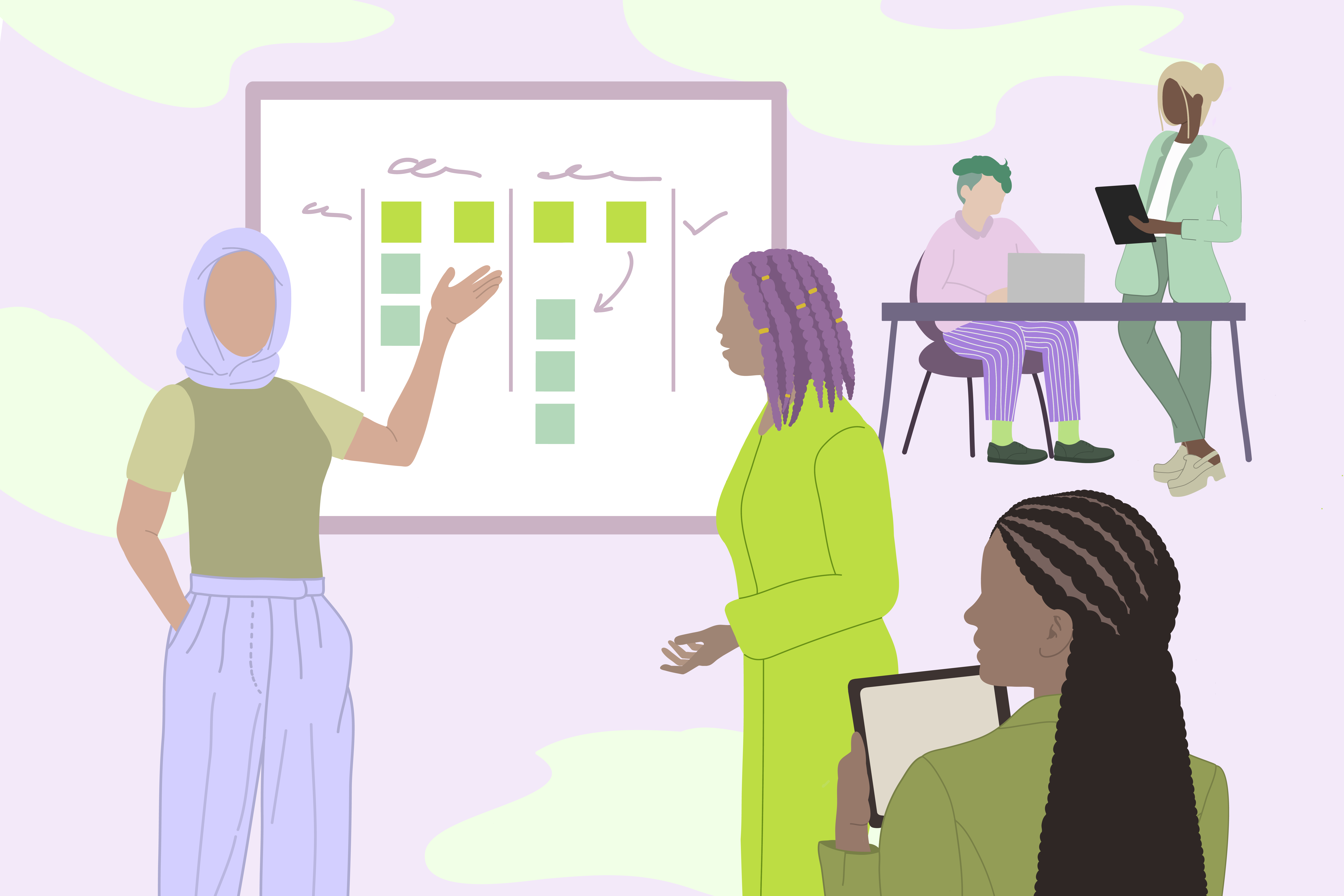 Illustration of five women and non-binary people working together using a whiteboard, working on laptops and speaking. 
