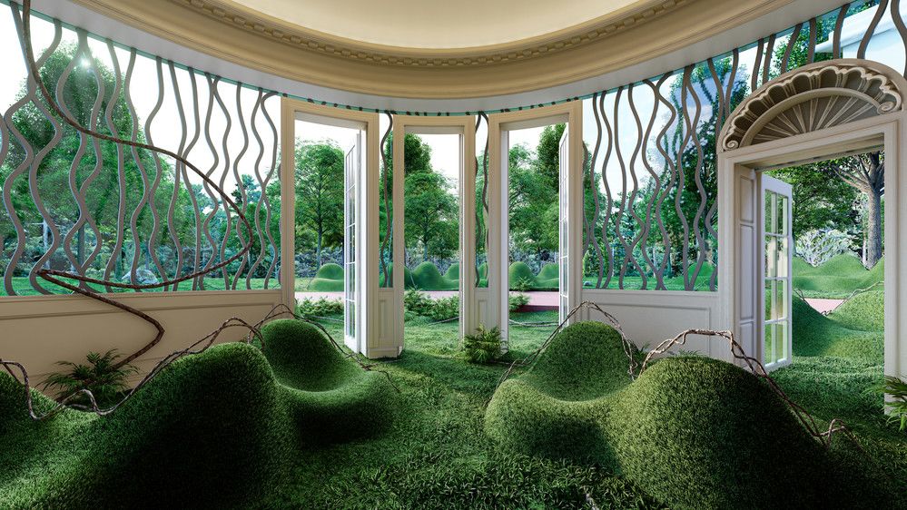 Digital installation displaying indoor spaces with green hills and white doors