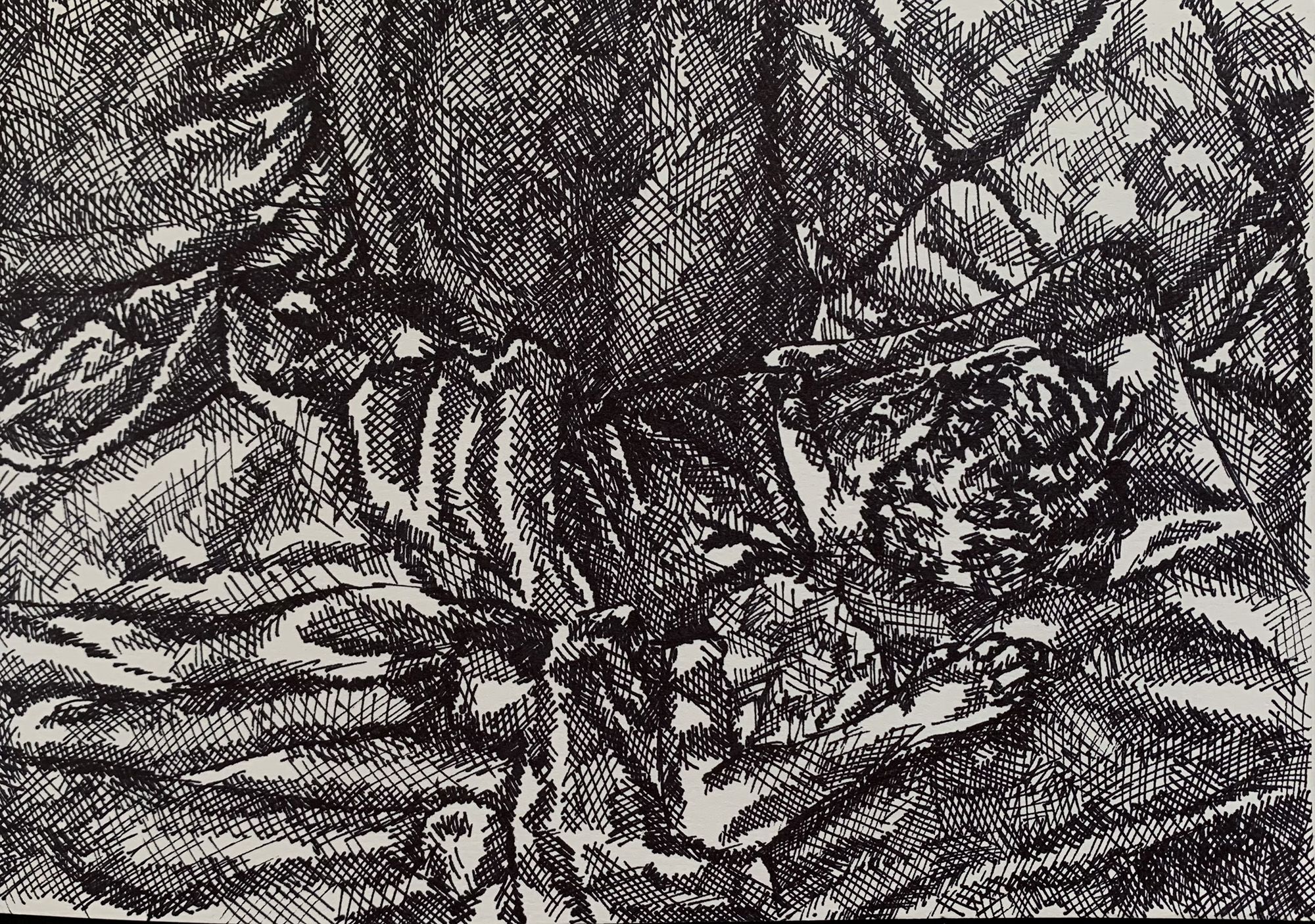 A detail of a piece constructed of intricate crosshatching