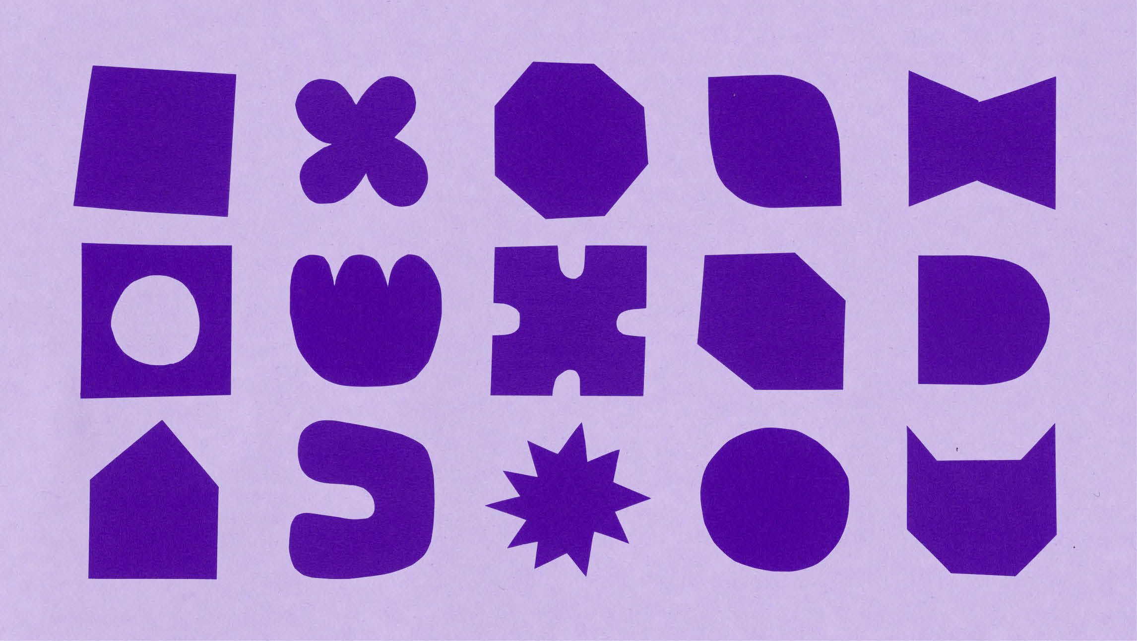 A light purple background, overlayed with 15 irregular dark purple shapes
