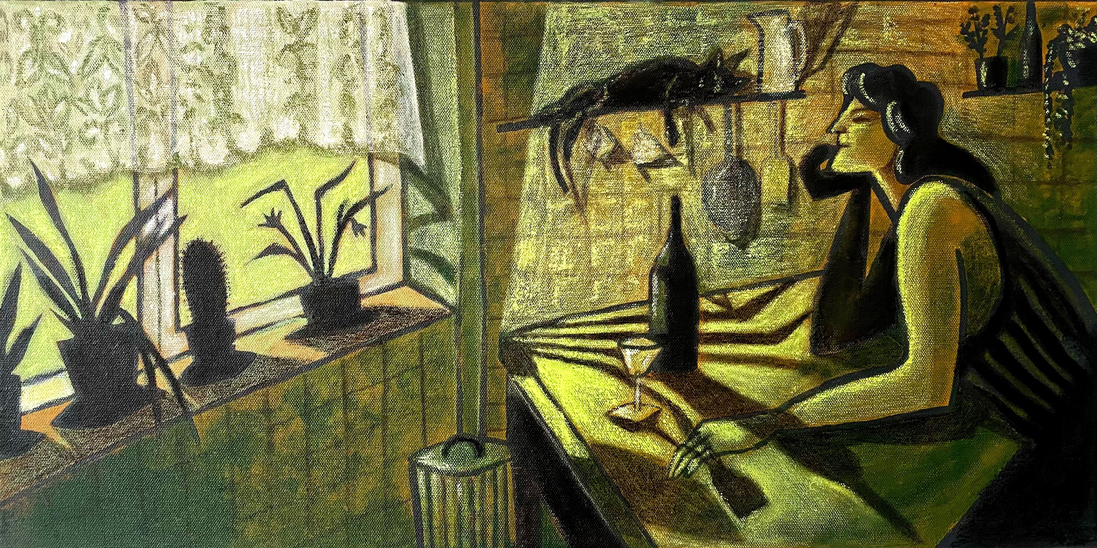 an illustration of a woman wearing headphones looking out of her apartment window