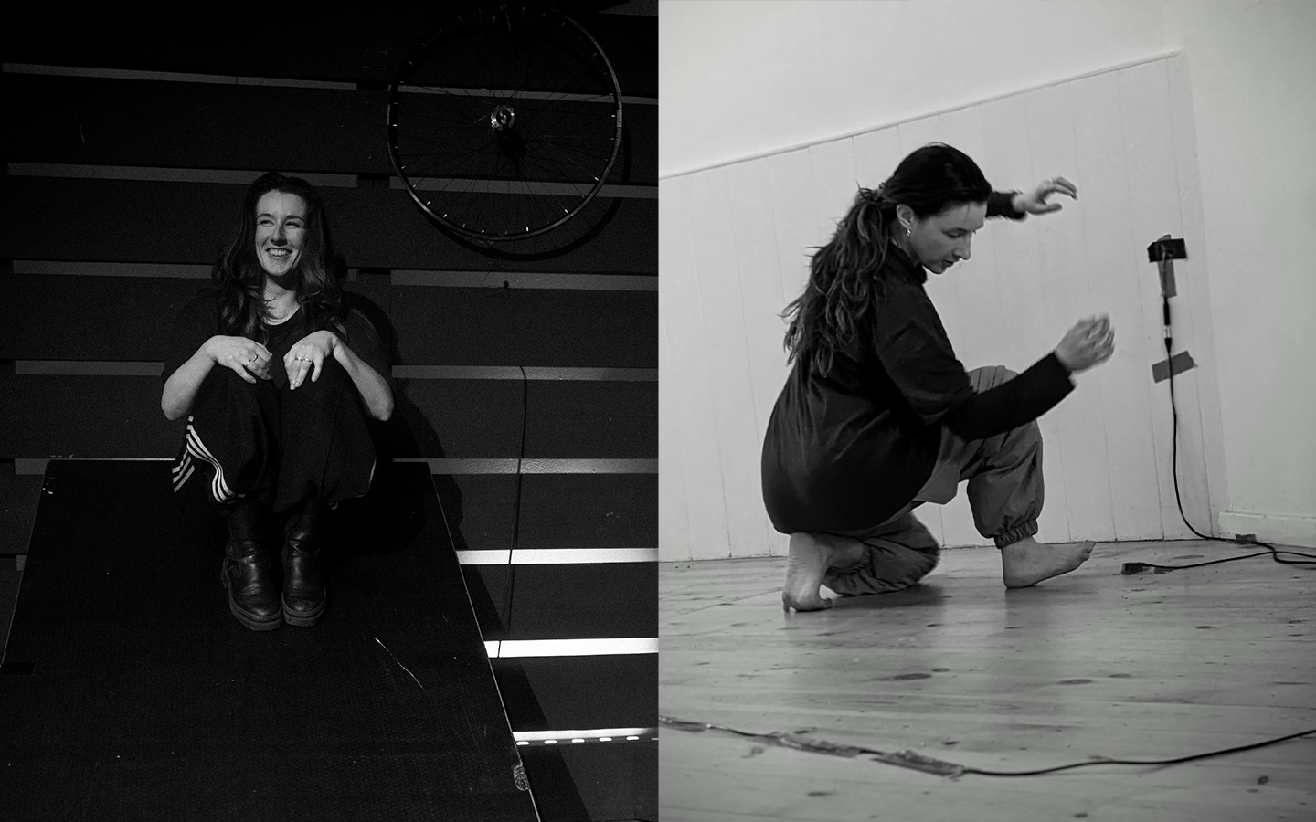 A black and white image of a dancer, one photo of her smiling brightly and the other of her dancing with free flowing movement.