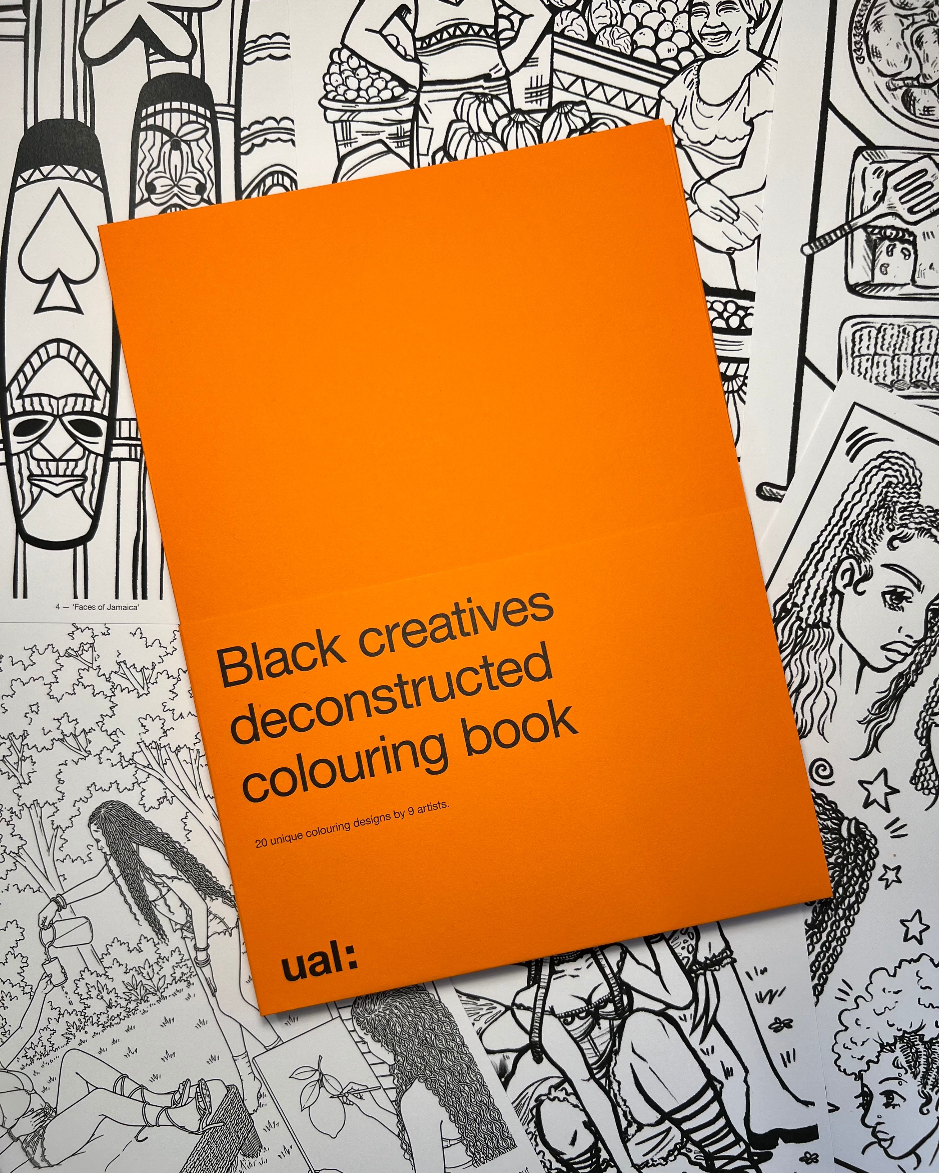 Picture of orange packaging folder for the Black creatives deconstructed colouring book with some black and white illustration pages