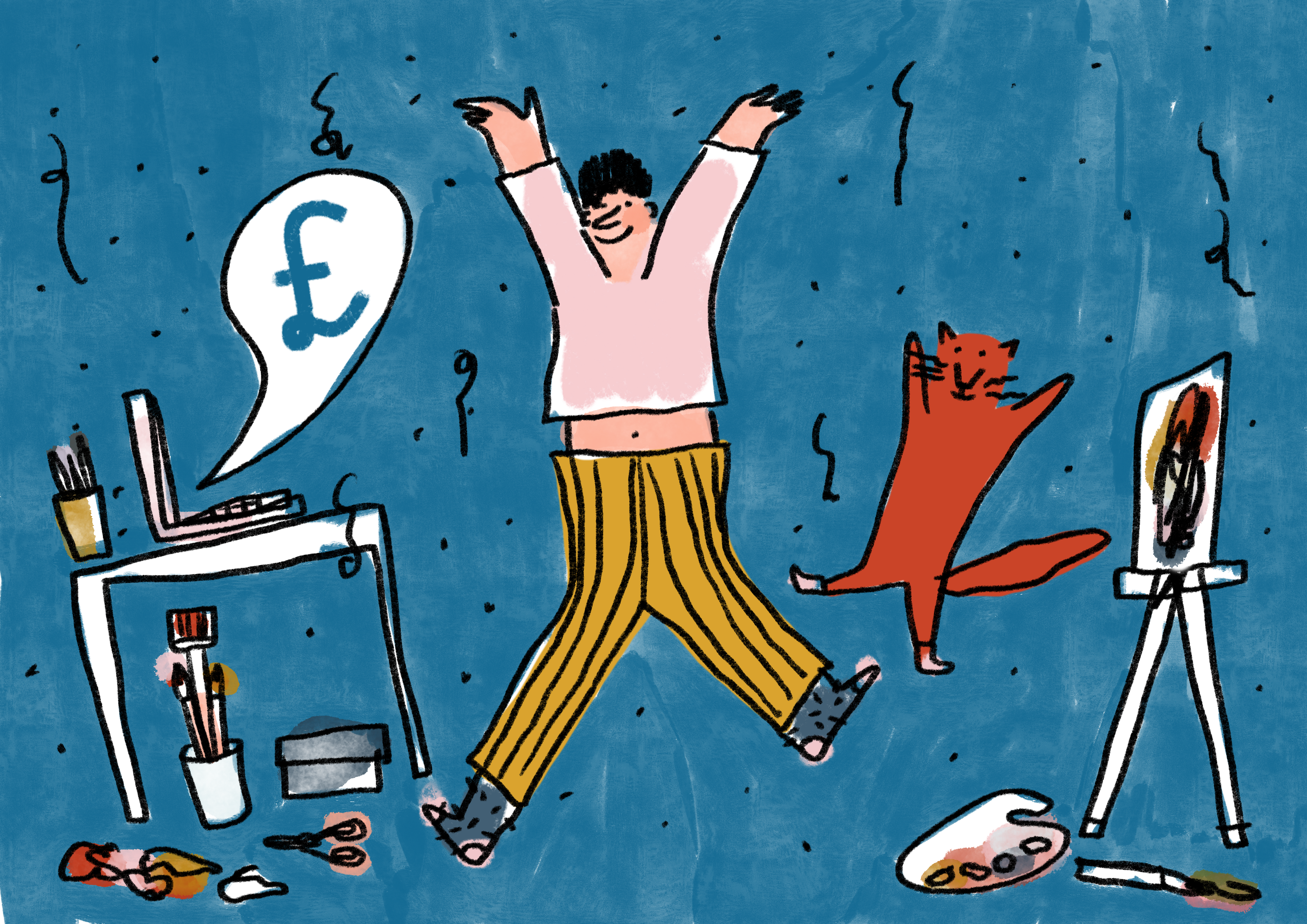 Playful illustration of a person in striped trousers and a pink shirt, dancing joyfully next to an orange cat. The scene includes an artist's workspace with a laptop displaying a pound sign, art supplies, and an easel with a painting, all set against a blue background.