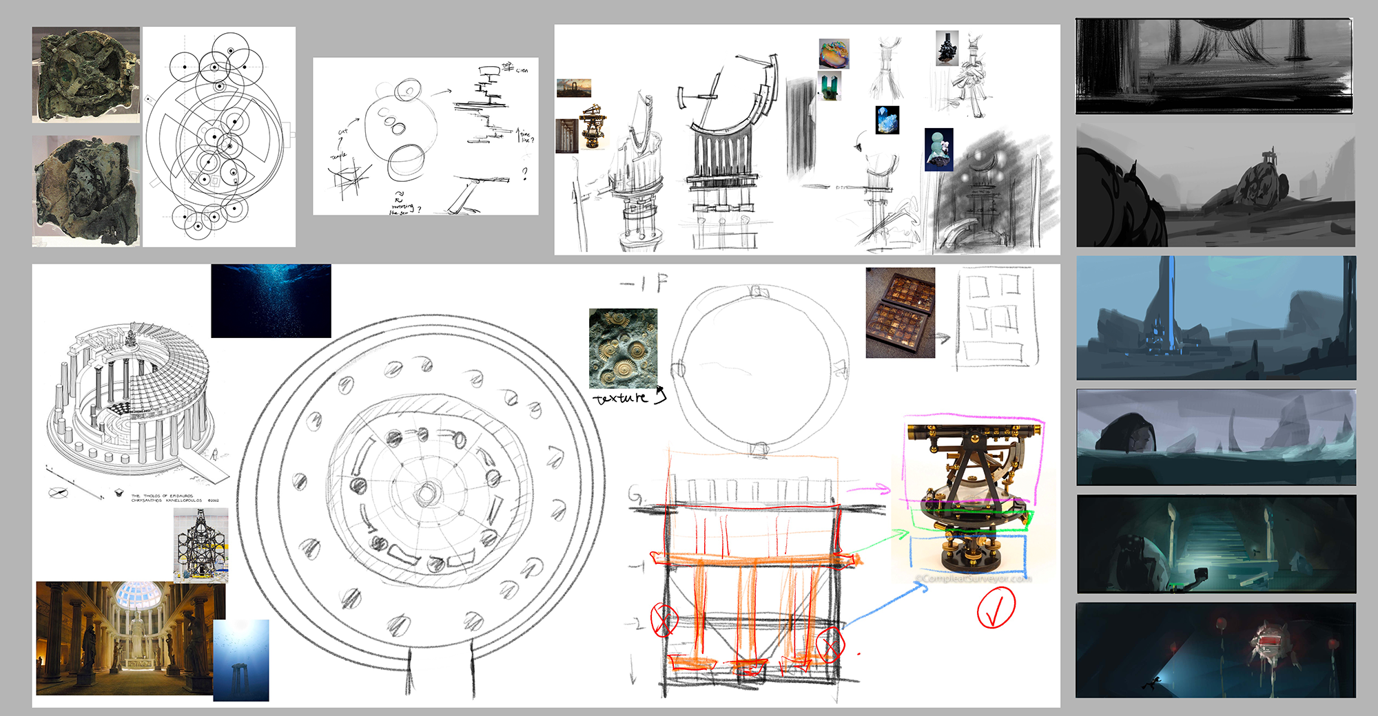 A digital collage of sketches showing architectural drawings, photographic images referencing Greek architecture and rendered story board images. 
