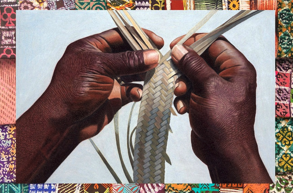 Kim Smith, Miss Emily's Eleven String, 2006, hyper-realistic coloured pencil drawing of a native Bahamian straw worker, the late Emily Rolle of Cat Island.