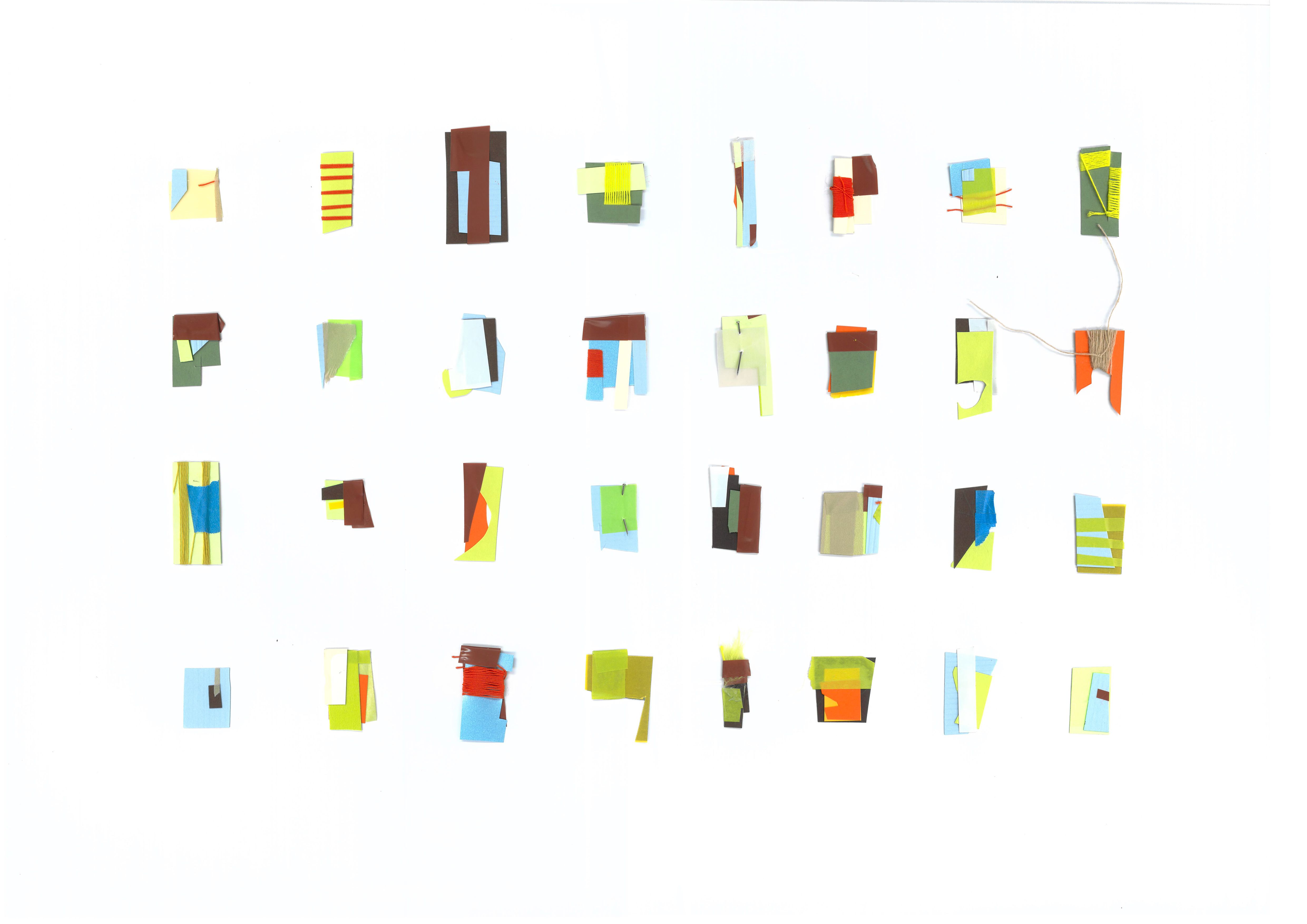 Four rows of 8 small rectangular textile samples, with differing colours and textures.