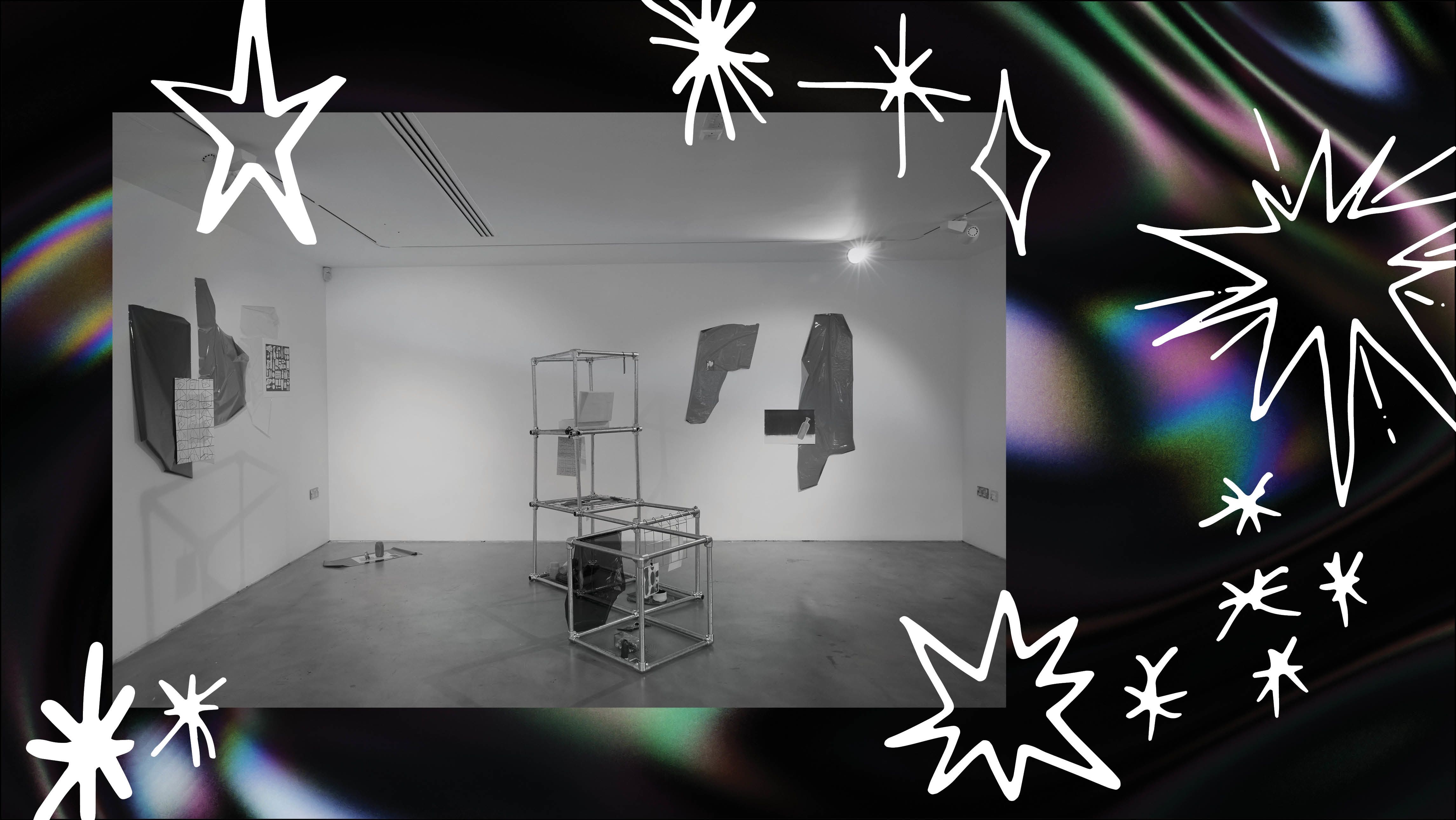 Black and white image of paintings and sculpture in a room with white walls and grey flooring. The image has white hand-drawn stars around it and the background of the Canvas is a holographic 3D rendered texture