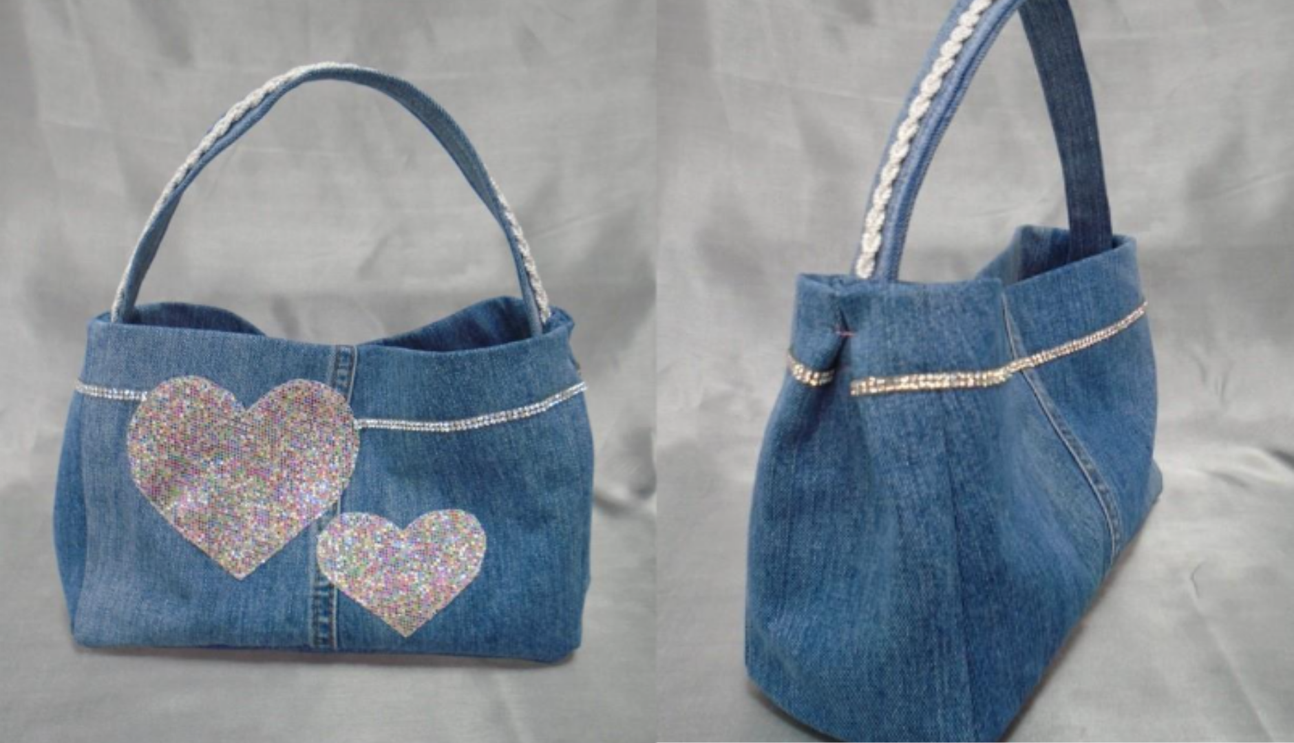 Two blue denim upcycled handbags.