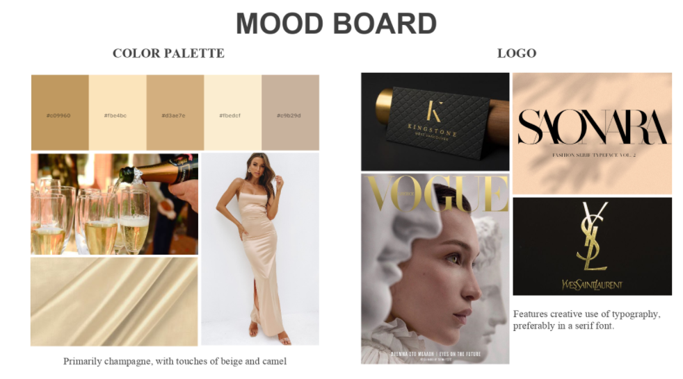 Photo of a moodboard containing colour swatches, logo designs and an image of a model wearing a cream coloured dress