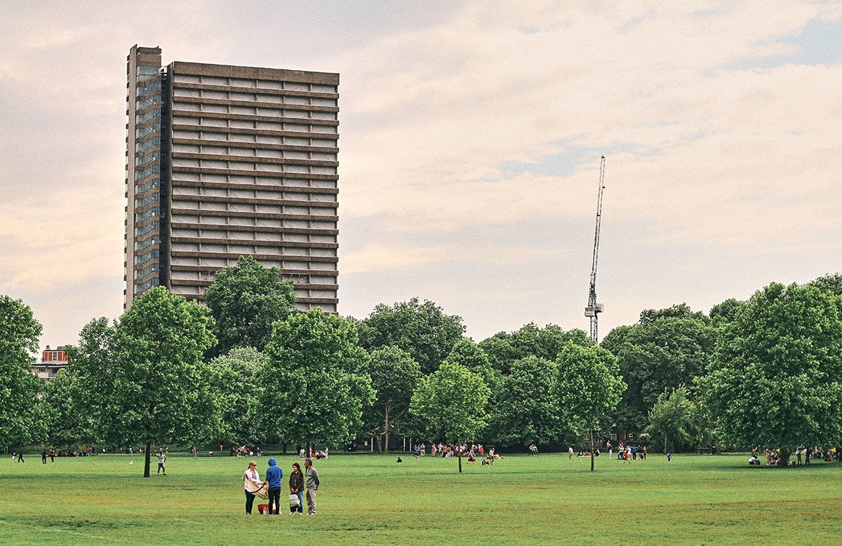 Photograph of a park and large tower block.