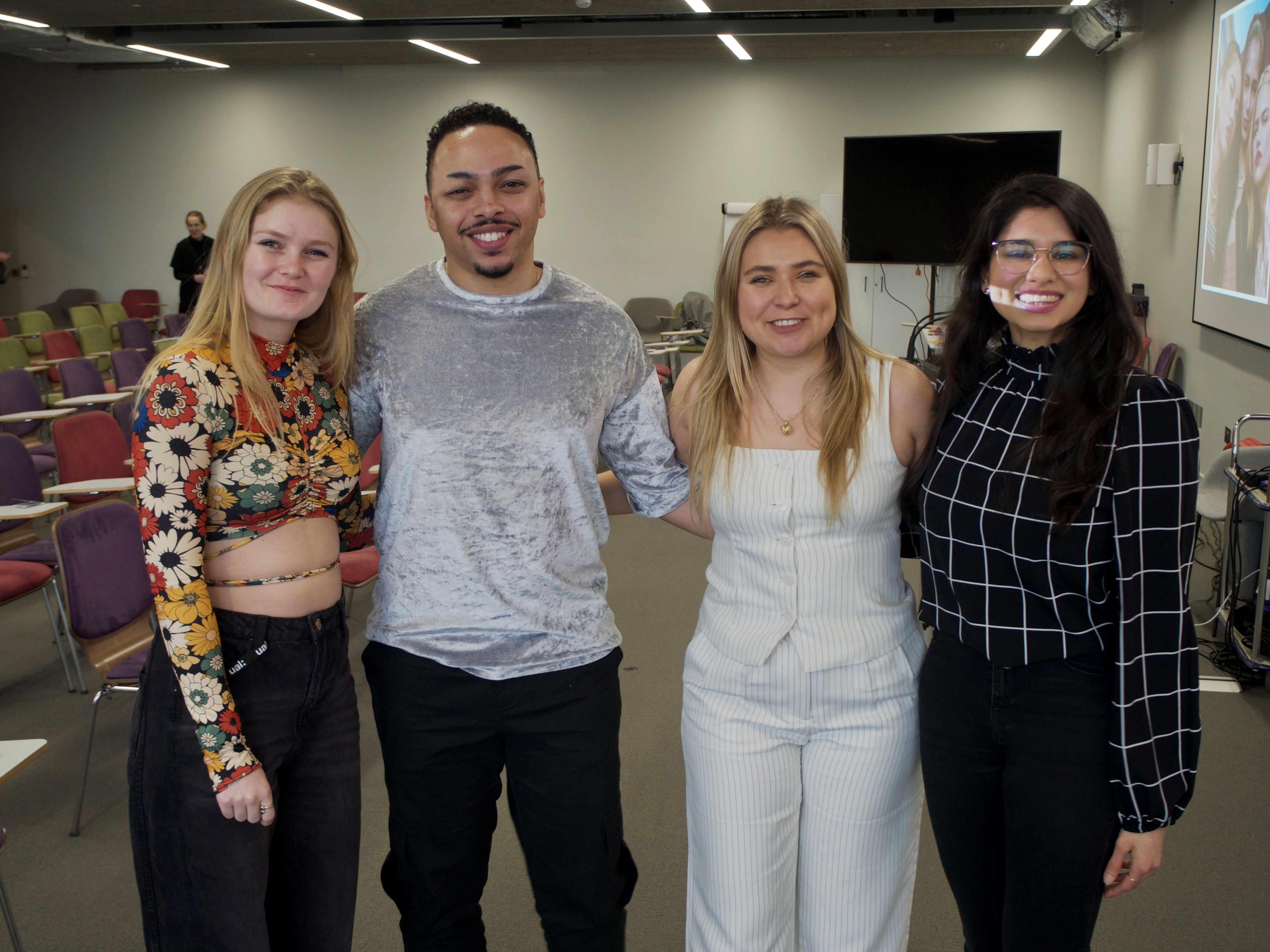 L-R: LCF student Lola Adams and L'Oréal team Hayden Woodley-Gibson and Alex Fraser, and Bushra Farooq, Trainee Psychological Wellbeing Practitioner at NHS and Mental Health Worker at Ditch the Label. Photography by Una Lote Andzane