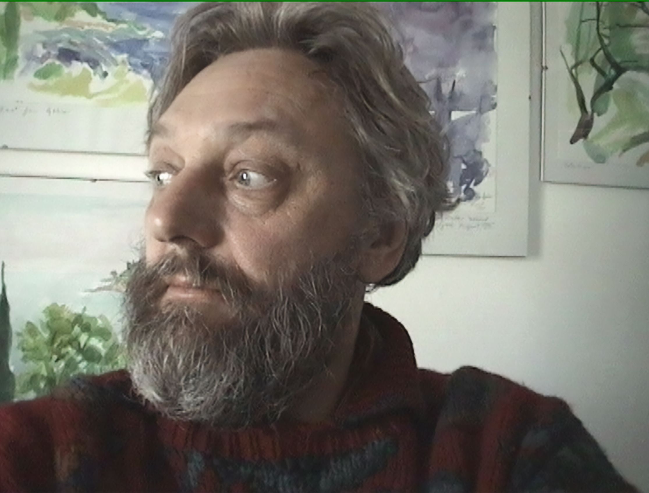 A portrait shot of Malcolm, bearded and looking to his right. There are watercolours with green and purple tones hanging in the background