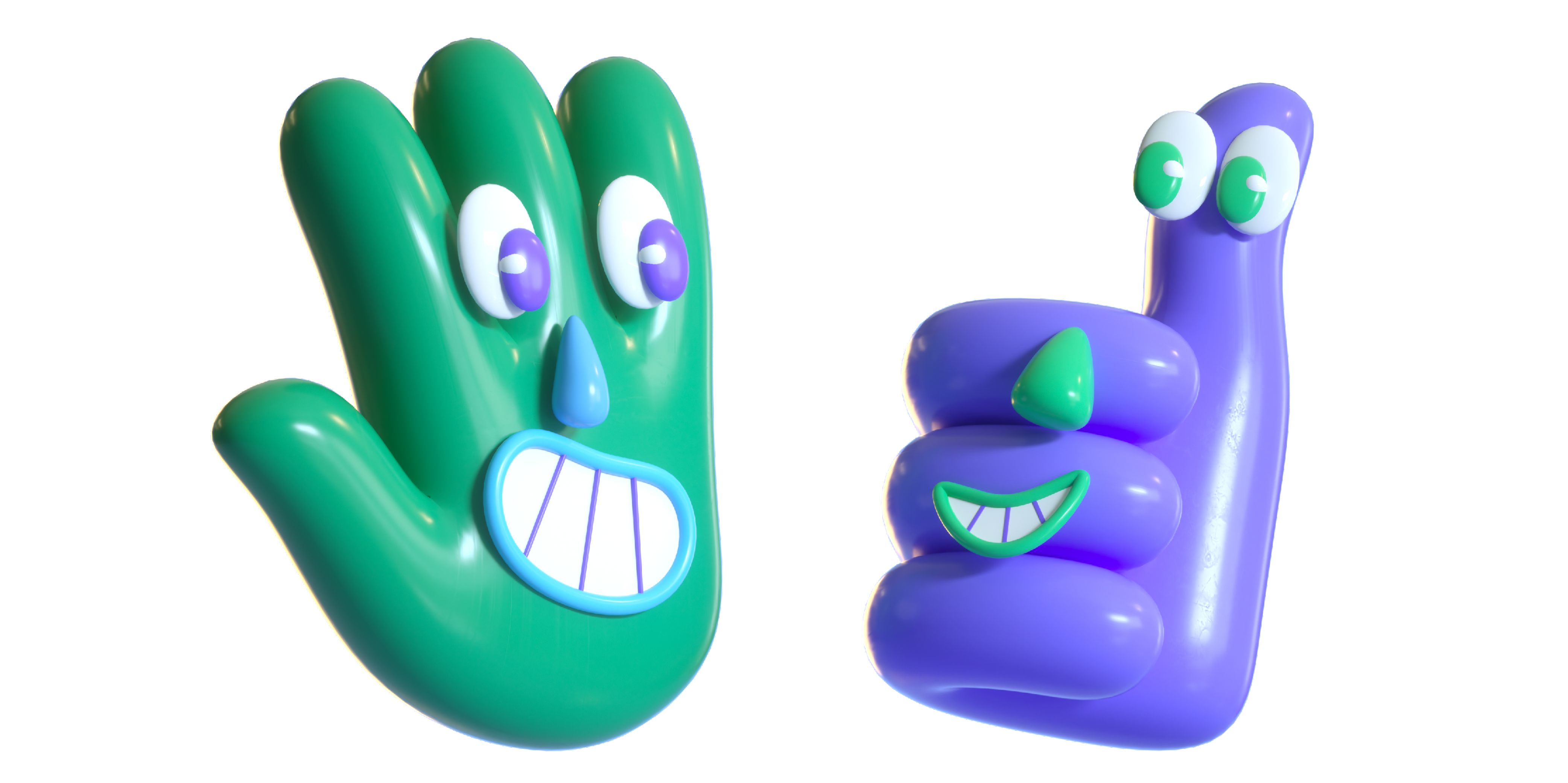 Green smiling hand and purple 'thumbs up'.