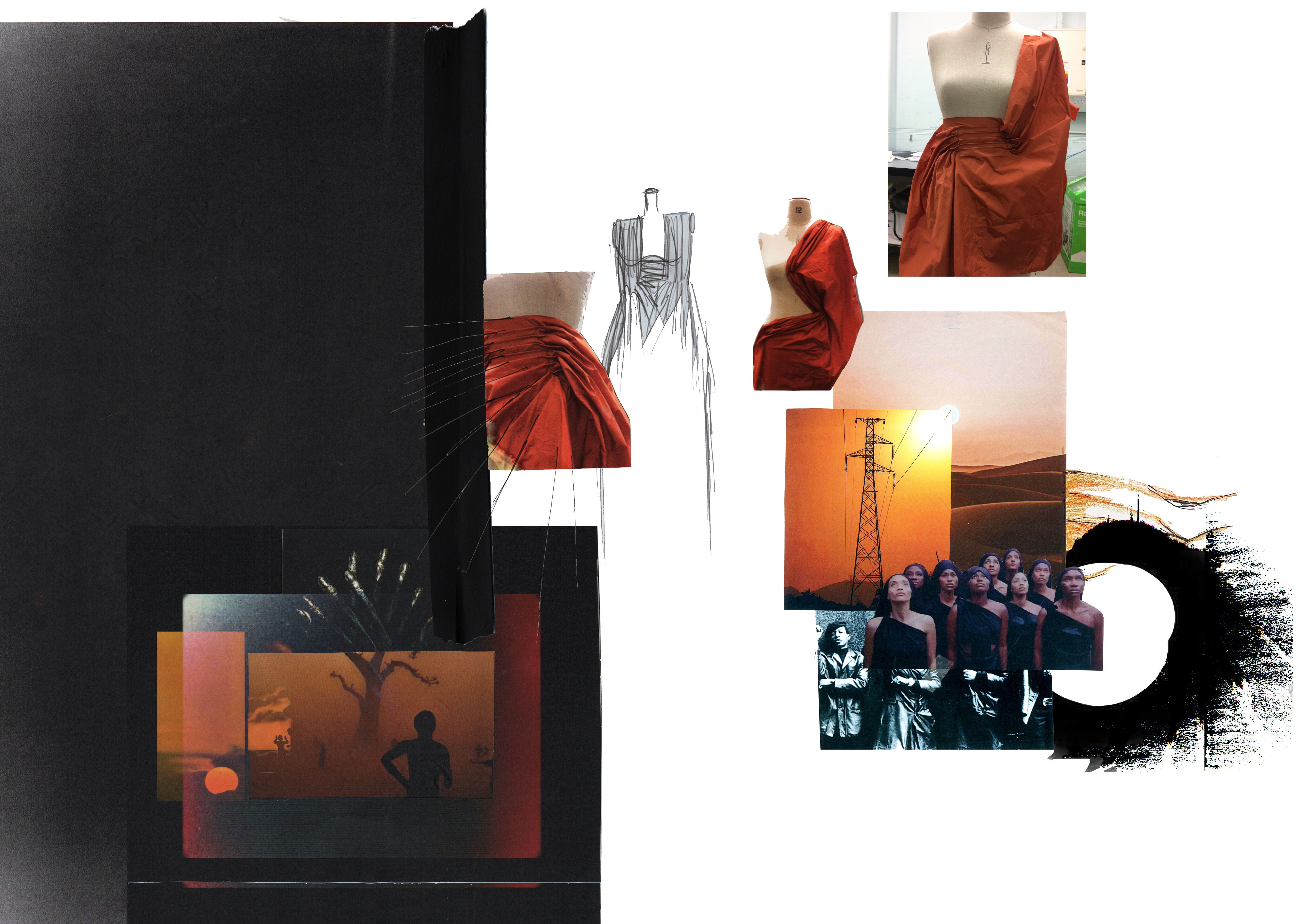 Black and orange collage with images of draping