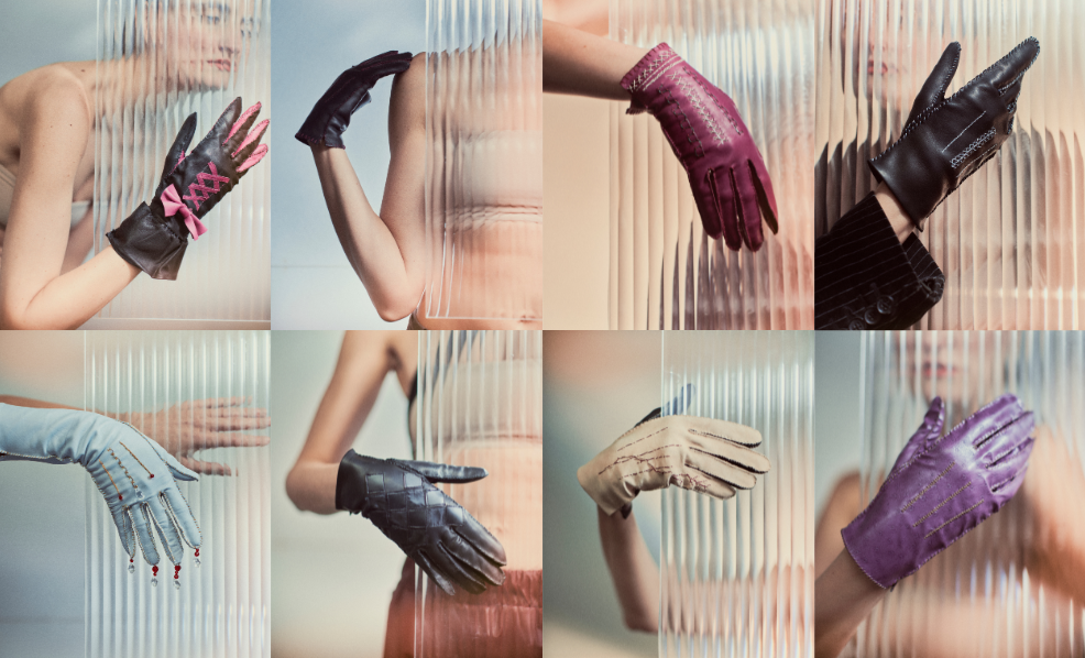 A collage of eight images shows gloved hands against a ribbed glass panel. Each hand wears a different colored glove, evoking a stylish, elegant tone.