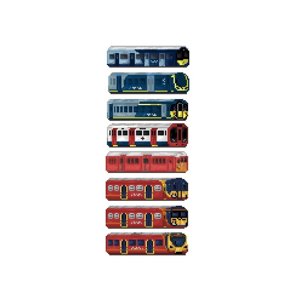 Image of 8 pixilated trains in the style of a video game. The trains are in various colours and are arranged uniformly in a column.