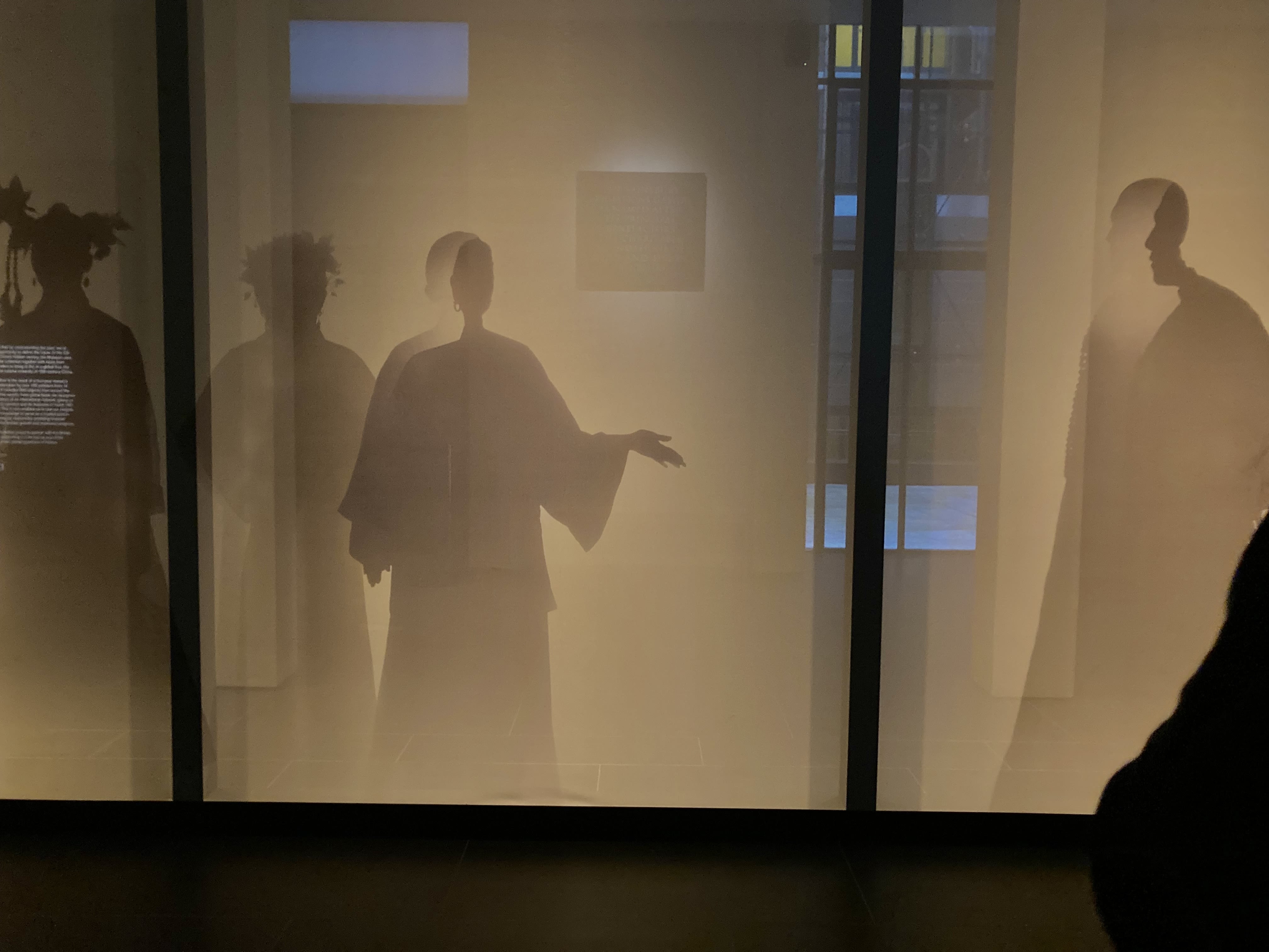 Silhouettes of 4 individuals behind a glass display window