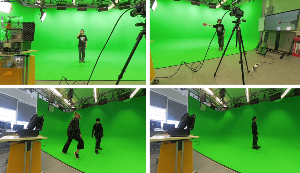 Large green screens in the background, whilst students experiment with capturing content.